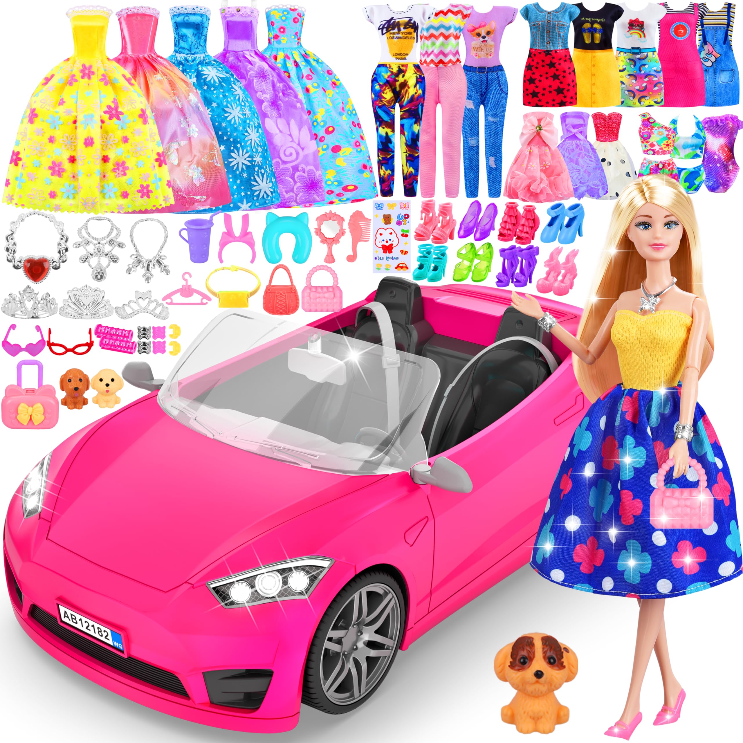 Juego de 91 piezas de automóvil convertible para muñecas, ropa y accesorios para muñecas, juguetes de vestir para niñas, niños pequeños, juguetes de regalo para edades de 3, 4, 5, 6, 7, 8