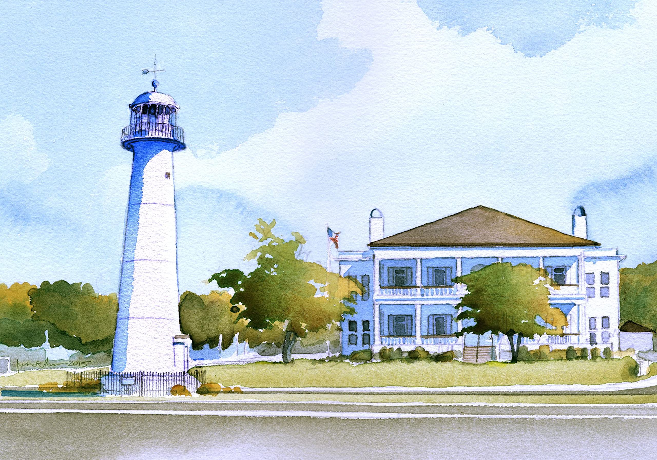 Biloxi Lighthouse Fridge Magnet 3.5x5. Mississippi Gulf Coast Historic Tower & Visitors Center. James Mann Watercolor Landscape.