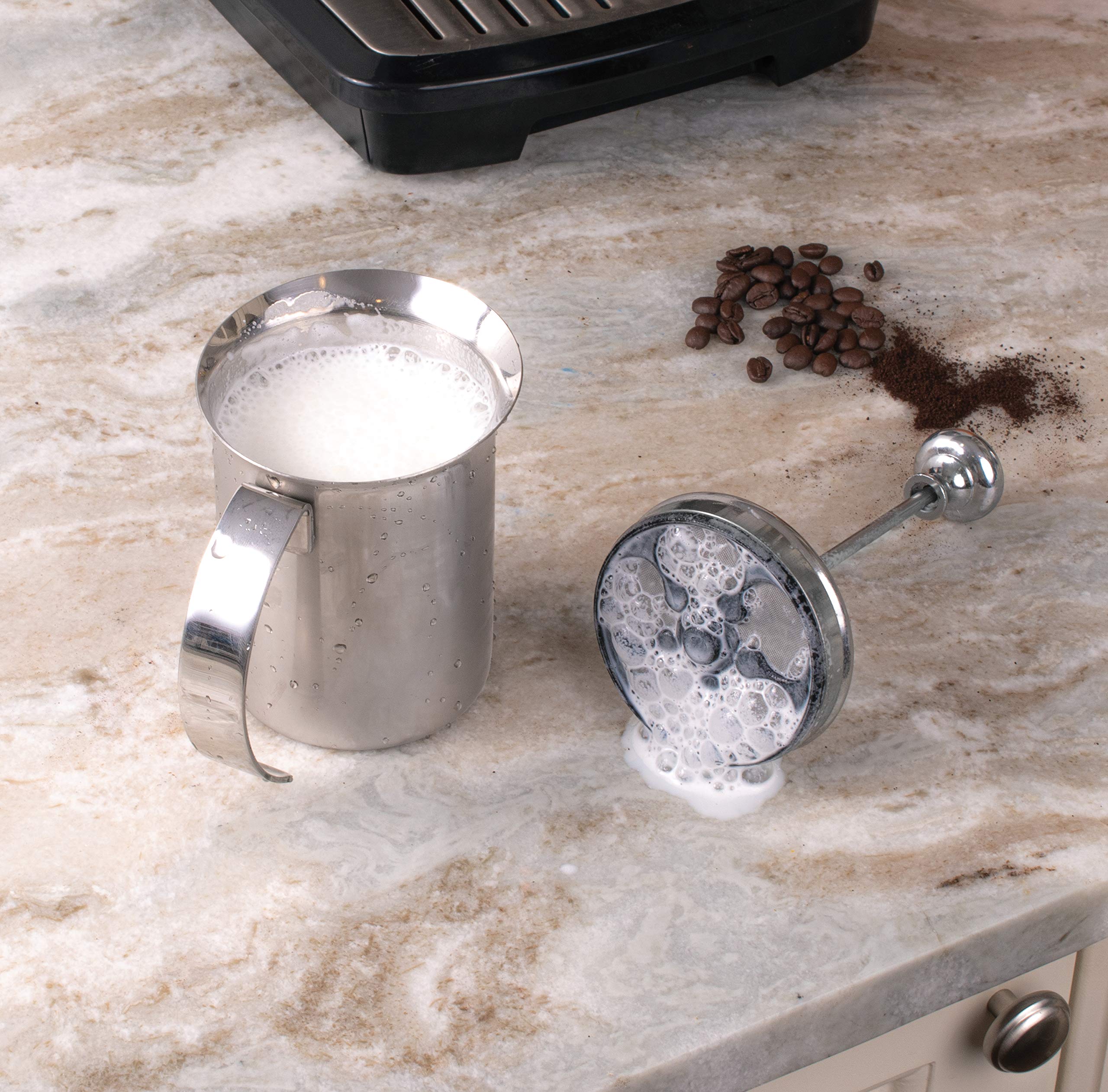 Fino Milk Creamer Frother Cappuccino Foam Pitcher with Handle and Lid, 18/8 Stainless Steel, 14-Ounce Capacity