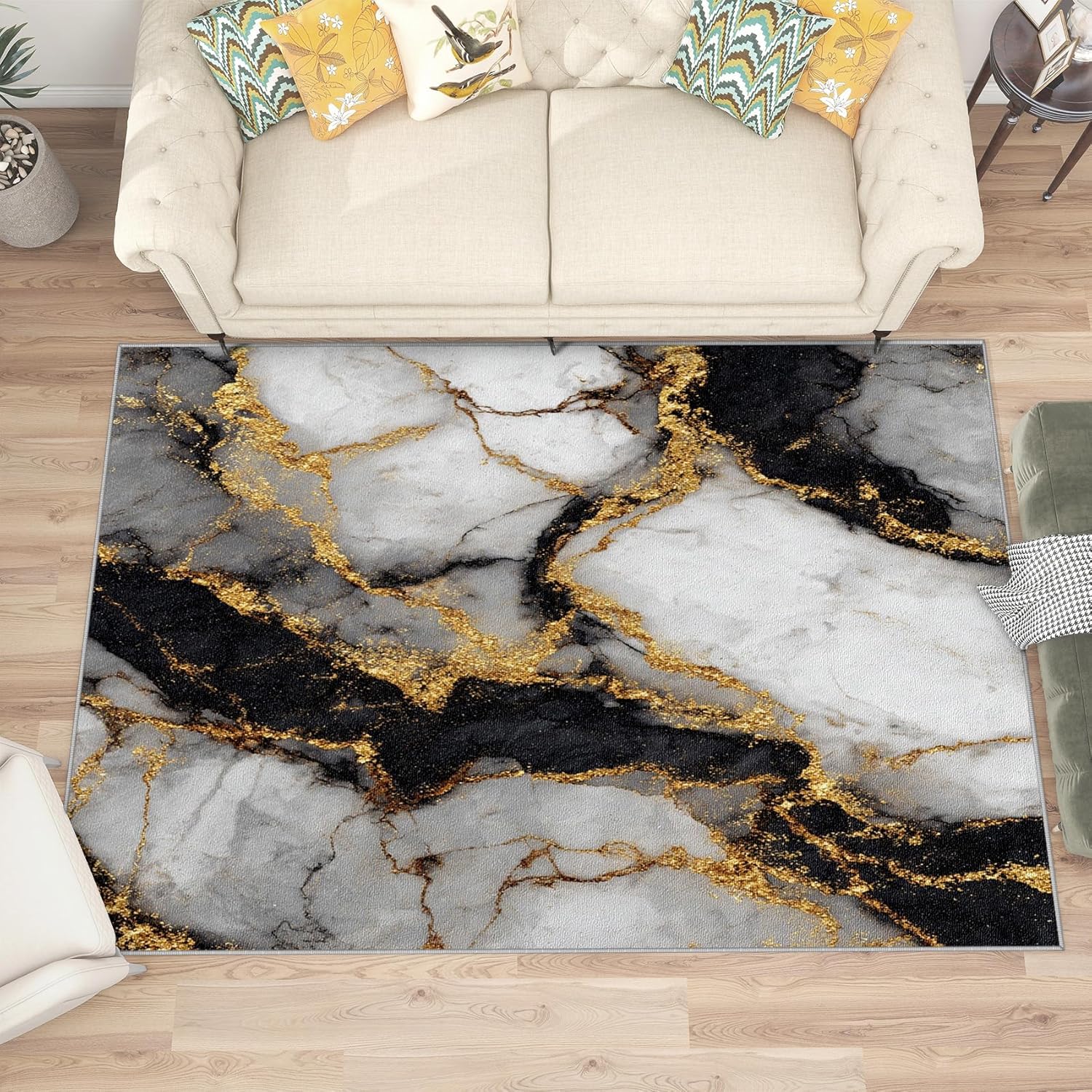 Marble Rugs for Bedroom - 7x10 Rug, Black White Gold Rug - Home Decor, Abstract Luxury Washable Rugs for Living Room Bedroom, Modern Art Area Rug, Contemporary Carpet, Marble Gifts for Her