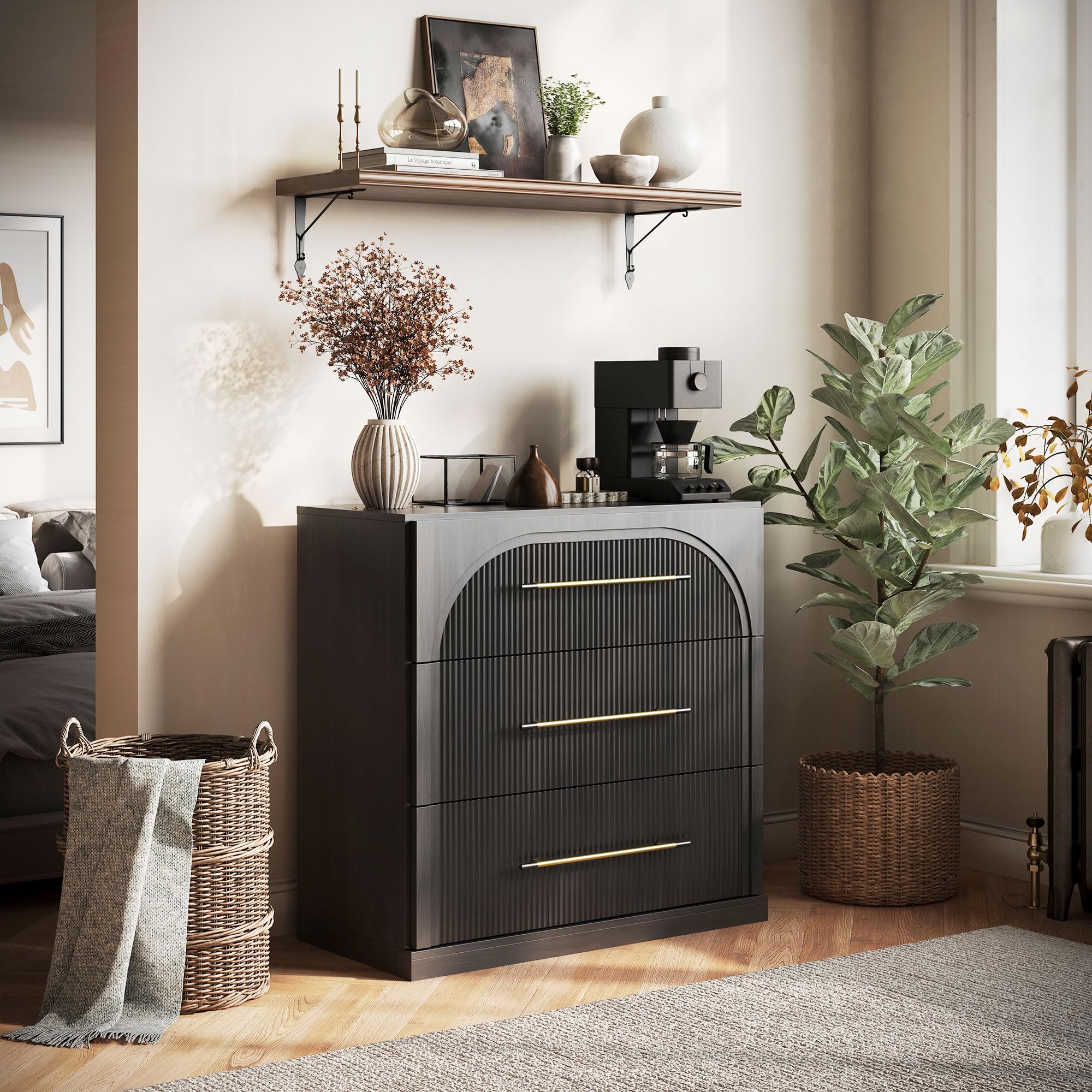 BELLEZE 65 Inch Fluted Buffet Cabinet with Storage, Symmetrical Arc Accent Sideboard Large Console Table for Dining Room, Kitchen, and Living Room (Camel) — view 43