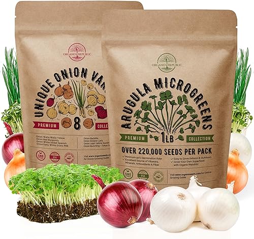 Organo Republic Paquete variado de 8 semillas microverdes de cebolla y rúcula para interior y exterior, más de 221,000 semillas de cebolla y