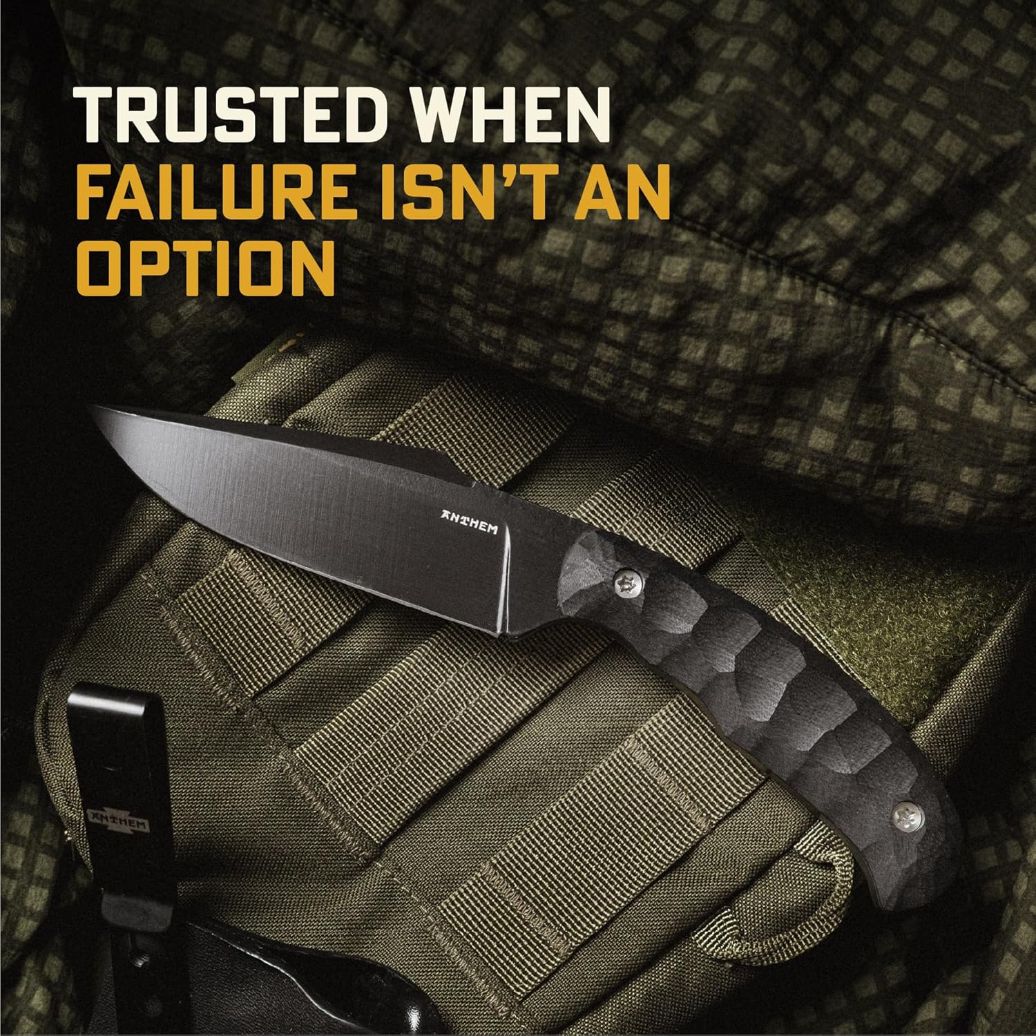 Anthem Knives The Nightwatch: Fixed Blade Knife, 52100 Steel Harpoon Clip Point, Large Tactical EDC Hunting Knife with Kydex Sheath for Camping, Outdoor, Survival - Made in USA [Black / Shadow Stonewash]