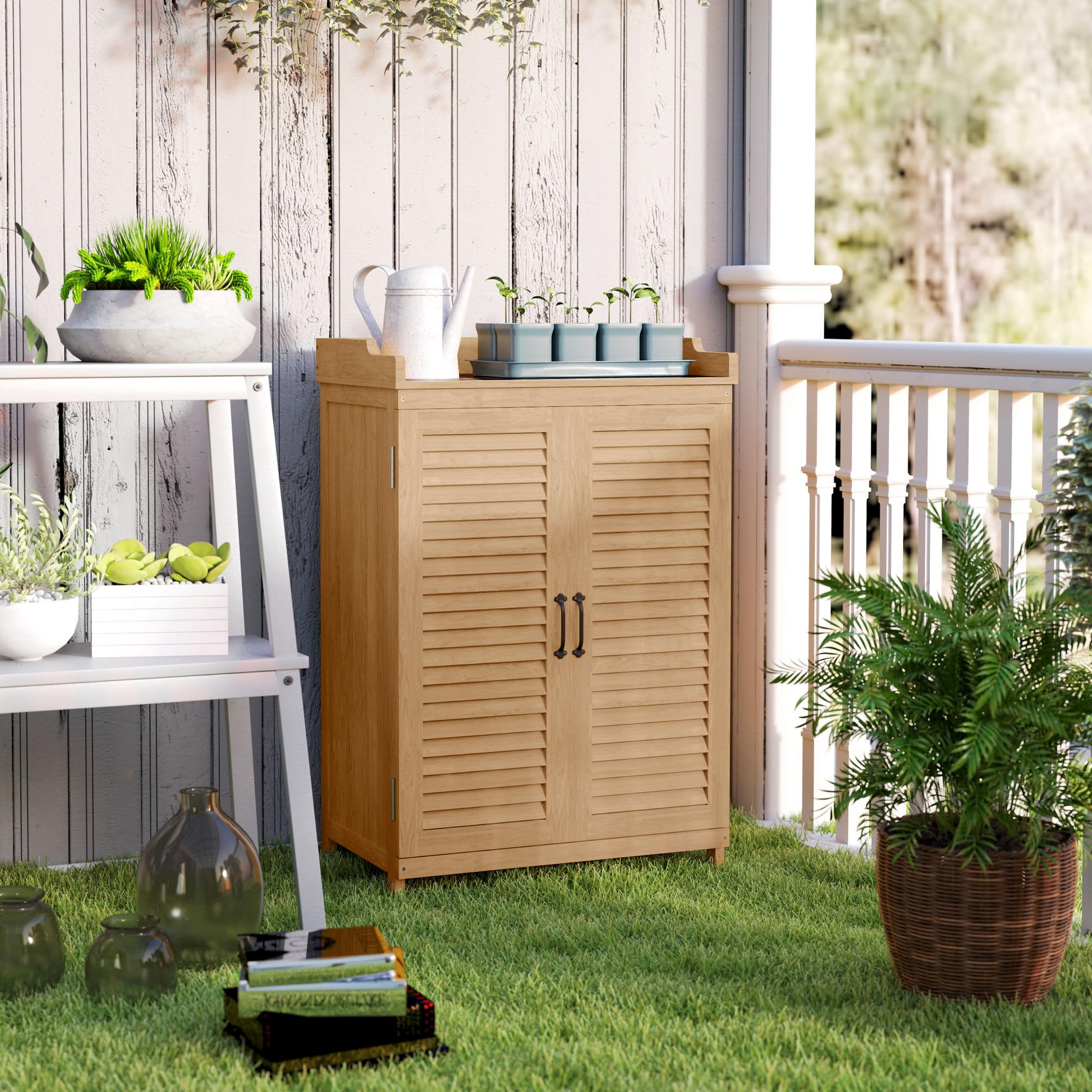 Outsunny Gartenschrank Holz, Geräteschuppen mit Arbeitsfläche, wetterfest Geräteschrank, 65,5x40x98,5cm, Gerätehaus mit Lamellentür, Ablagen, Werkzeugschrank Gartenschuppen für Garten, Terrasse, Gelb