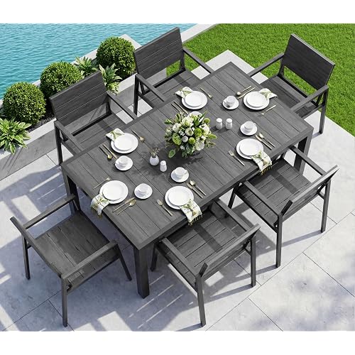 Vexwalx 7-Piece Outdoor Dining Set, Aluminum Dining Table Set for 6, Patio Table and Chairs Set with Umbrella Hole, All Weather HDPS Outdoor Table and Chairs for 6 (Charcoal)