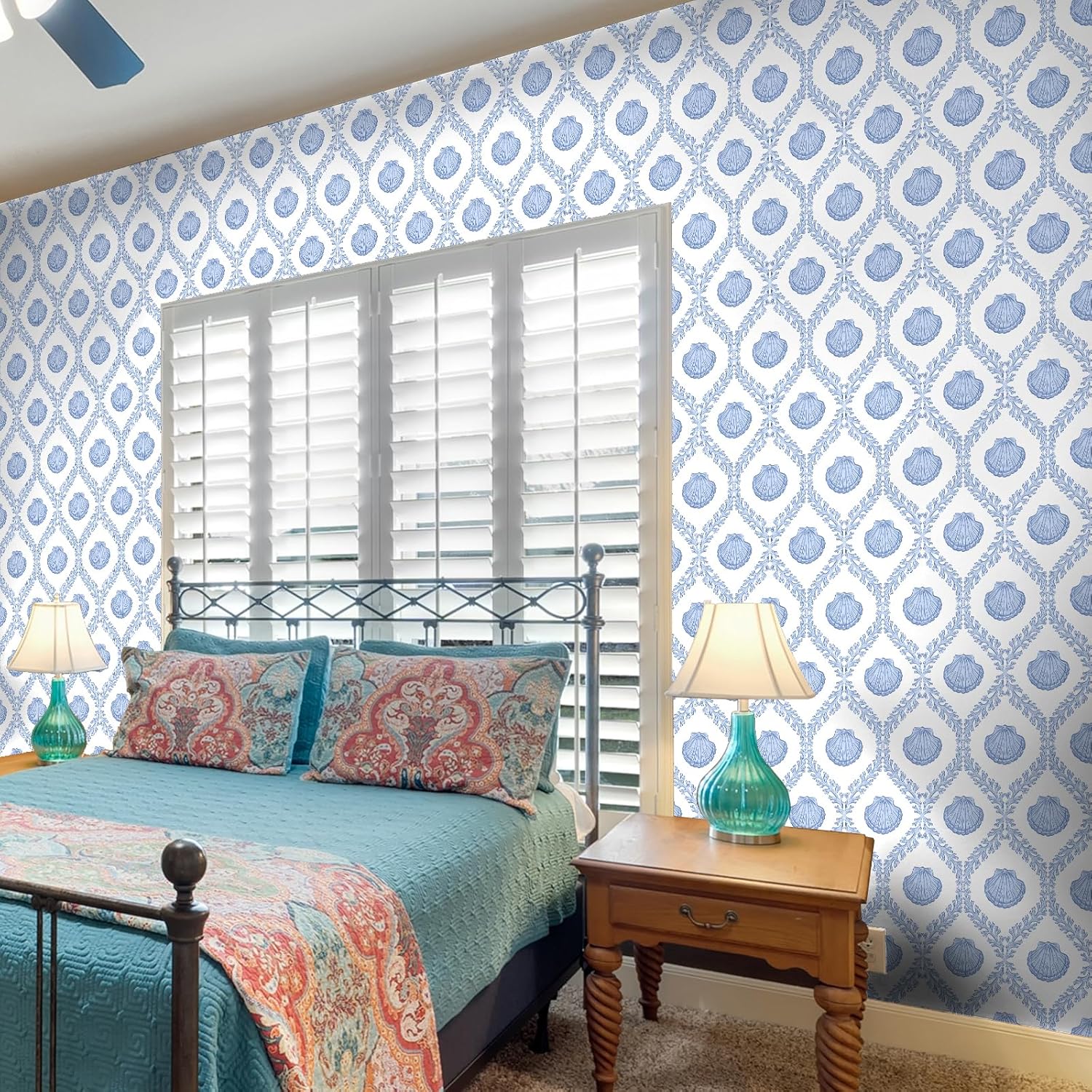Coastal Seashell Wallpaper Peel and Stick Blue Coral Damask Ogee Wallpaper for Bedroom Nursery Cute Marine Clam DIY Contact Paper for Kitchen Cabinet Shelf Removable Wall Paper 17.7"x157"
