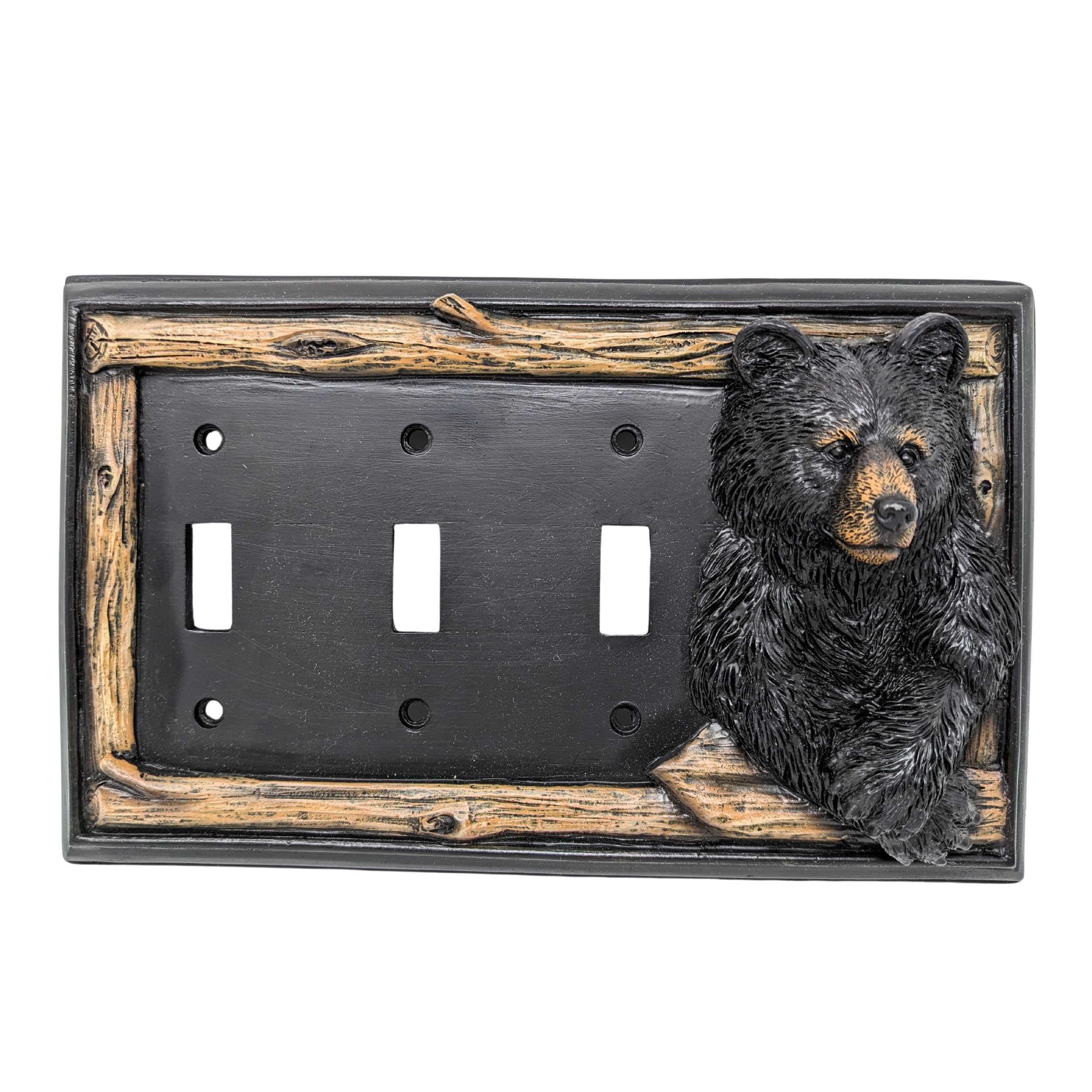 Plaque interrupteur triple bascule ours noir rustique en résine