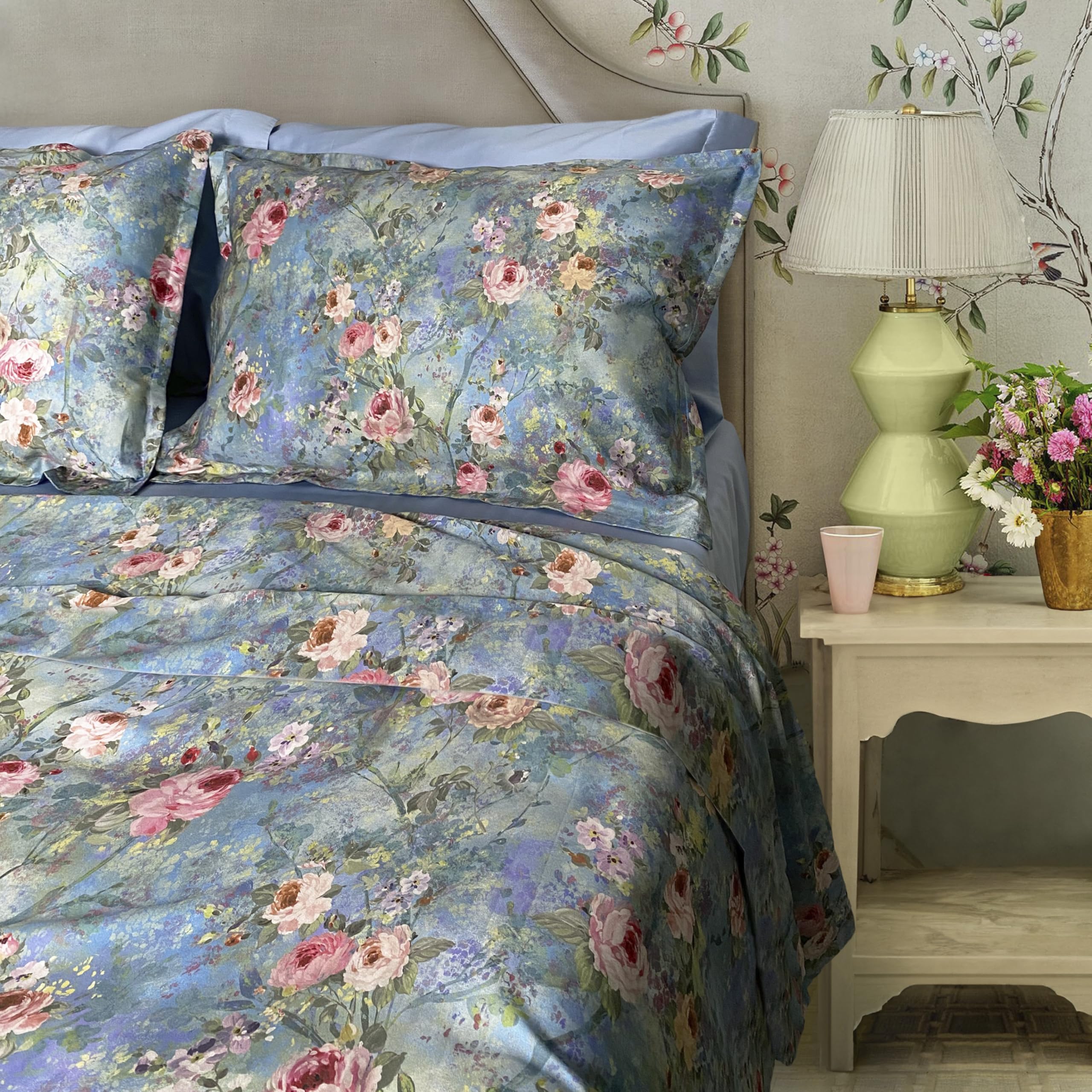 Mahome Set Lenzuola Matrimoniale Pregiato Raso di Cotone 100% 300 fili (TC) Artigianale di Lusso - Lenzuolo con Angoli 180x200x30 cm, Lenzuolo Sopra 250x290 cm, 2 Federe - Made in Italy – Elodie
