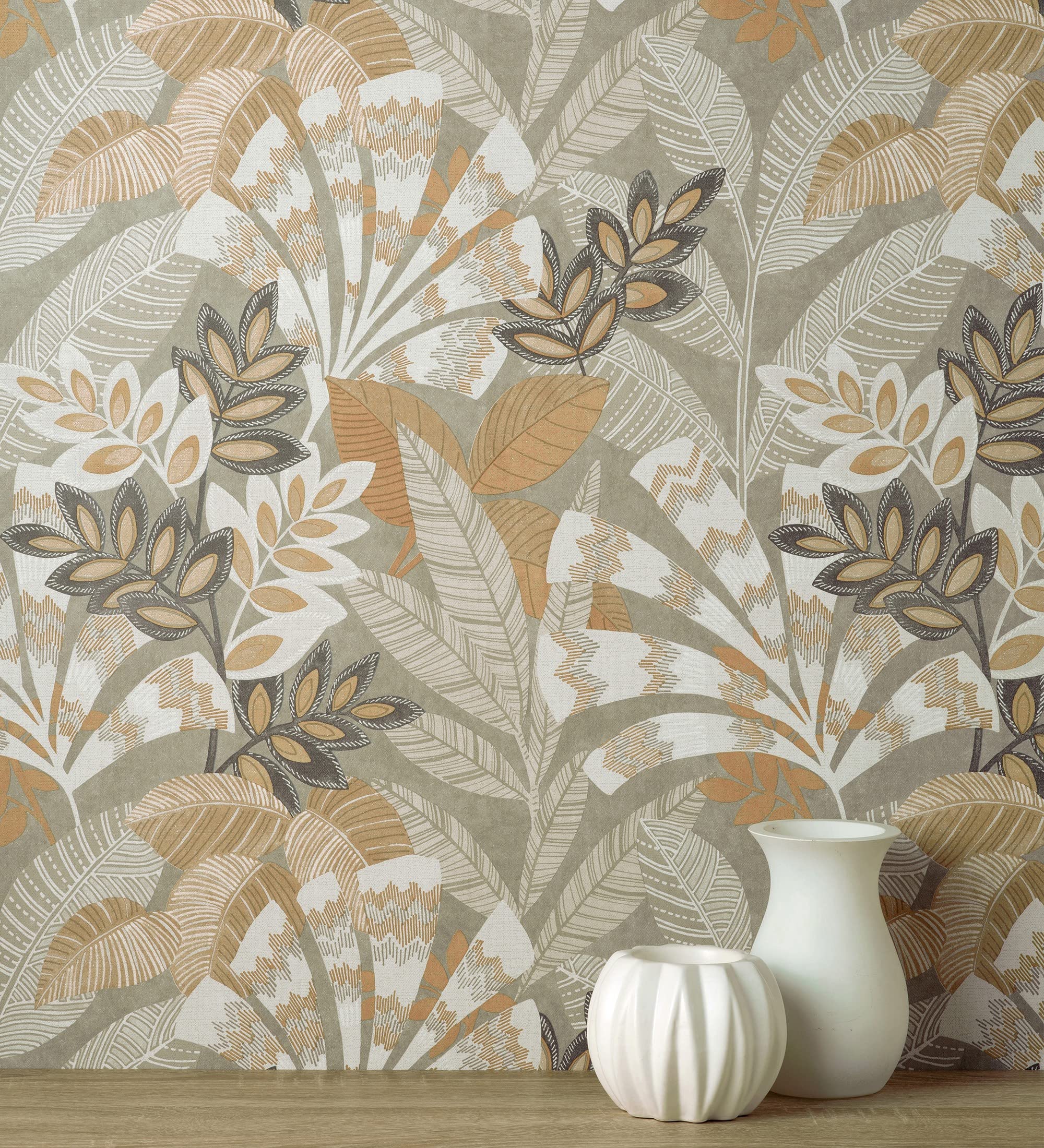 GAULAN 682002 - Papel pintado vinílico de hojas étnicas fondo gris con texturas estilo tropical para pared salón cocina baño dormitorio comedor - Rollo de 10 m x 0,52 m