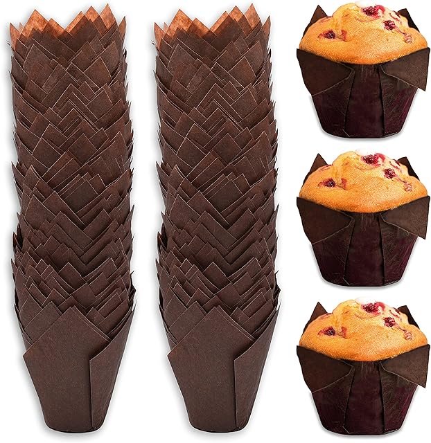 volila Tulip Muffin Cases (200 Pcs) Muffin Liners Greaseproof Paper For Cupcakes, Disposable Brown Baking Cups For Parties, Birthdays and Special Occasions