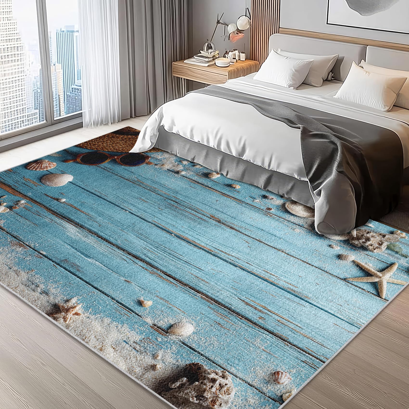 Grain de Bois Sarcelle Paillasson Interieur 60x90 cm, Tapis d'entrée Étoile De Mer Lavable en Machine, Côtier Plage Tapis de Porte Antidérapant à Poils Ras pour Couloir, Cuisine, Salle de Bain, 1J19t