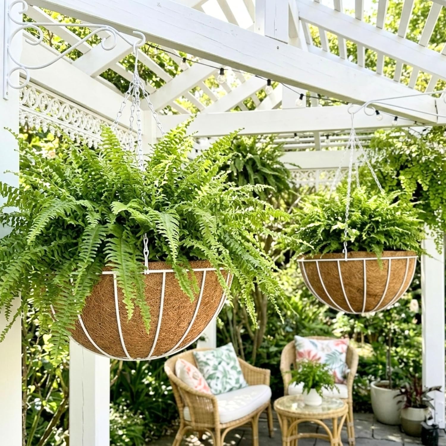 LaLaGreen Hanging Planter for Outdoor Plants (16 Inch, 4 Pack) Hanging Baskets with Coco Liner, White Metal Wire Flower Basket Pots with Hook Hanger Balcony Porch Farmhouse Country Style Garden Decor