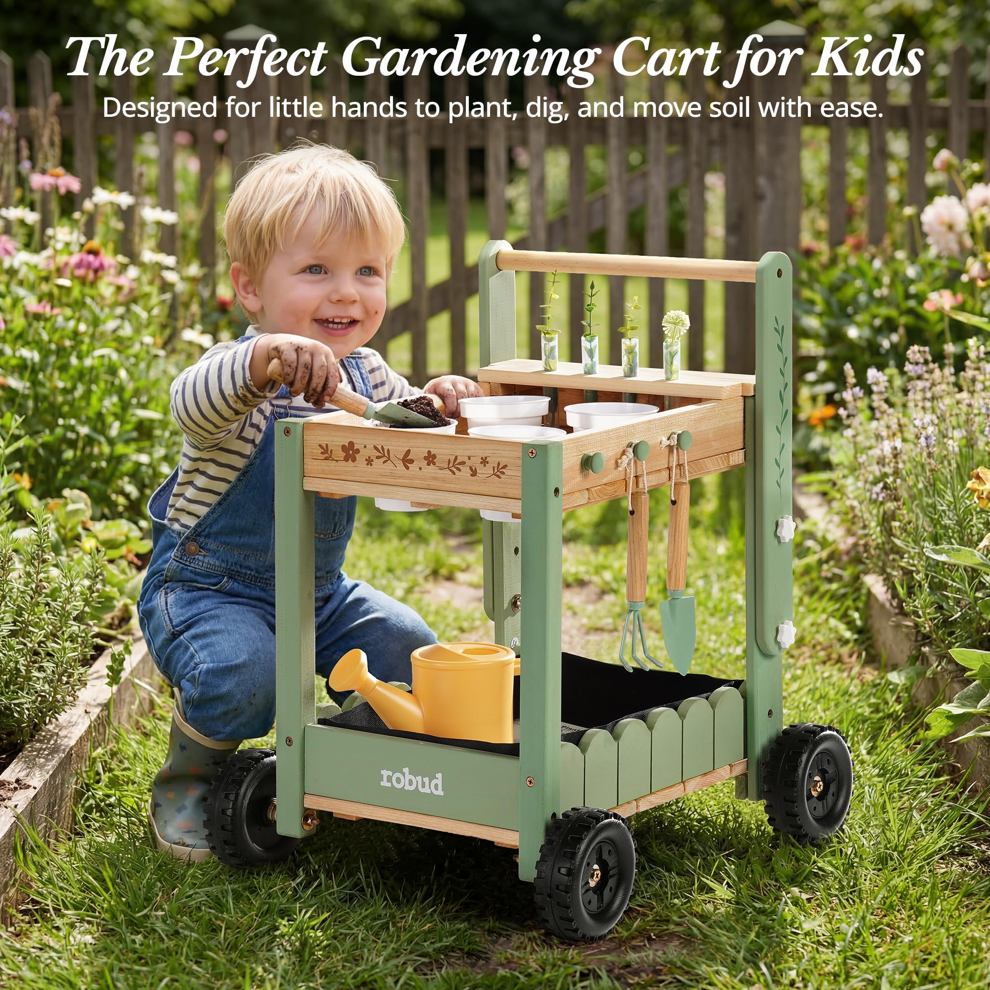 ROBUD Herramientas de jardín para niños con carro de madera, herramientas de jardín con regadera, pala, rastrillo manual, macetas y tubos hidropónicos, juego educativo de jardín para niños y niñas a