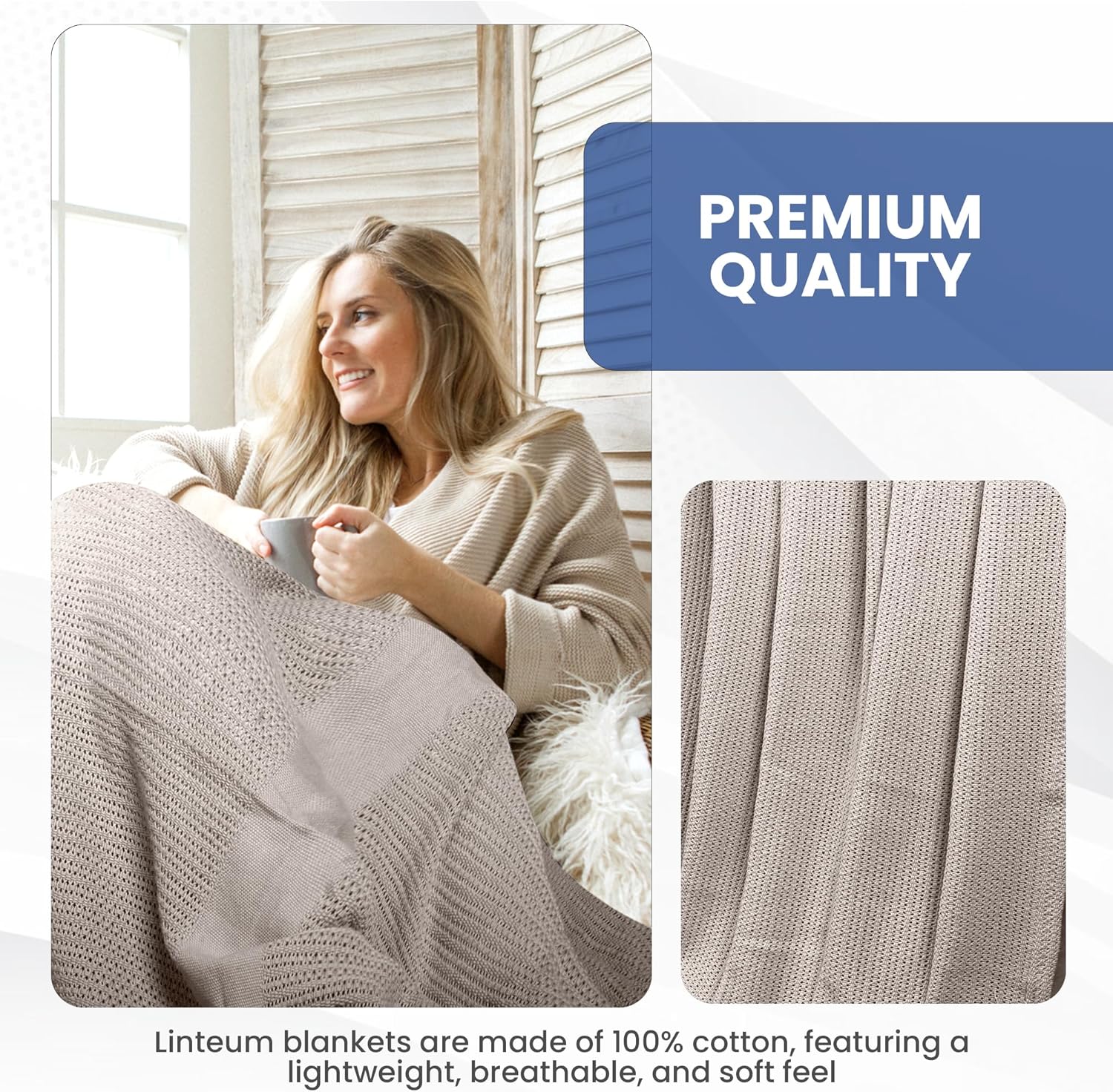 Linteum Textile Supply Leno Weave Taupe Blanket, Twin 100% Cotton, Lightweight, Warm, Fluffy, Premium and Durable Soft & Cozy Bed Blanket for Home, Couch, Sofa & Dorm, All Season Throw [66x90] - Image 2