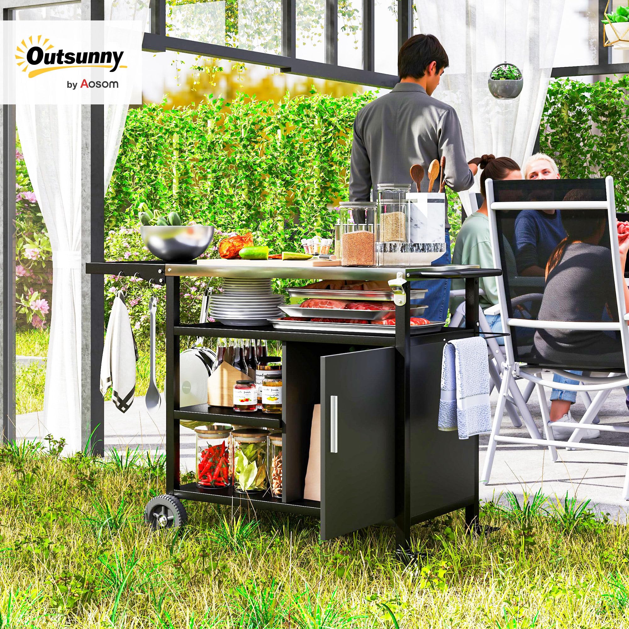 Outsunny Desserte de Jardin Chariot de Barbecue avec Plateau en Acier Inoxydable, Tablette Rabattable et Crochets, Housse Fournie, Meuble de Service Extérieur à roulettes pour Plancha, 127x51x84cm