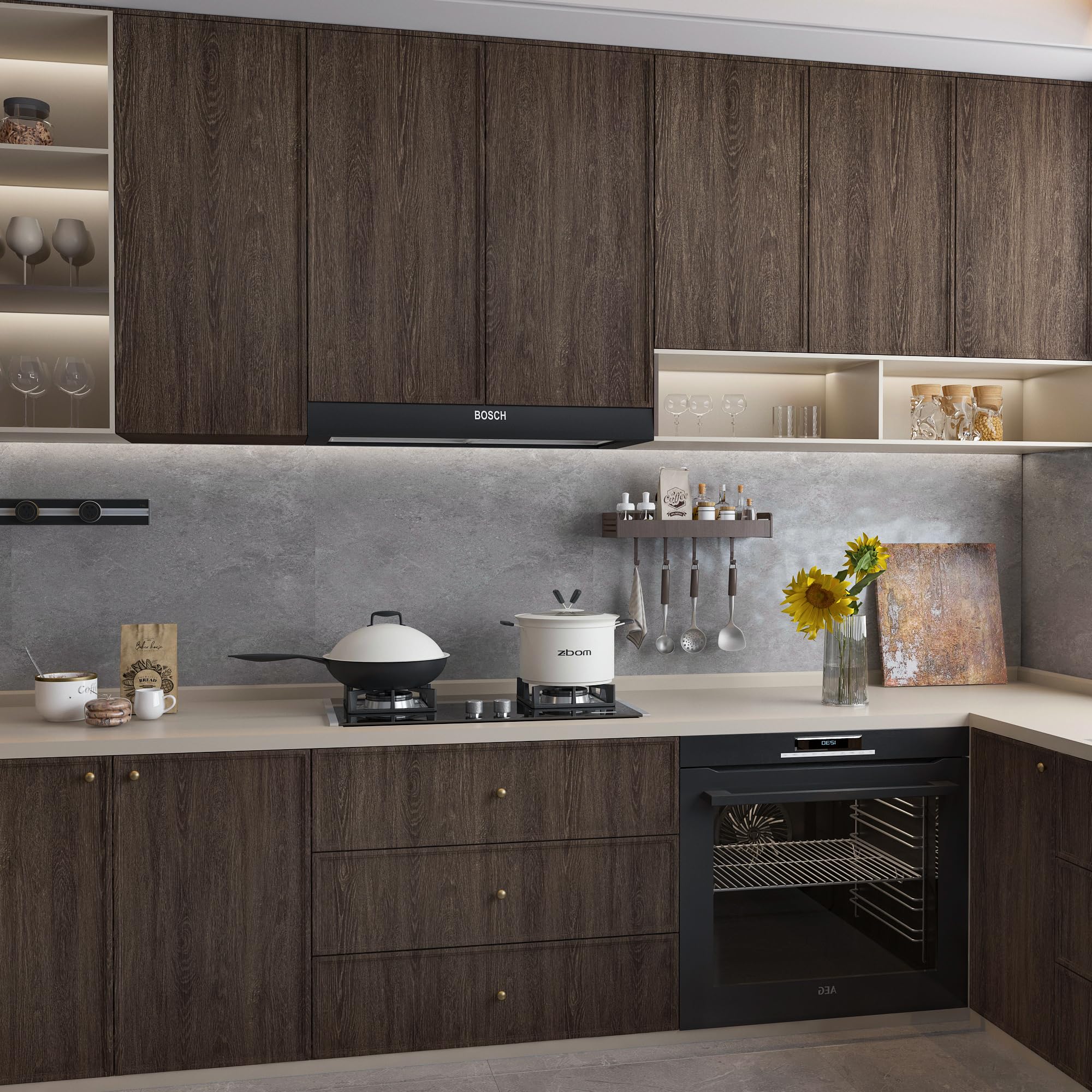 TOTIO Lámina adhesiva extra ancha para muebles con aspecto de madera 80x800CM Papel pintado autoadhesivo en grano de nogal marrón oscuro Lámina de pared Diseño sin burbujas Engrosado mate