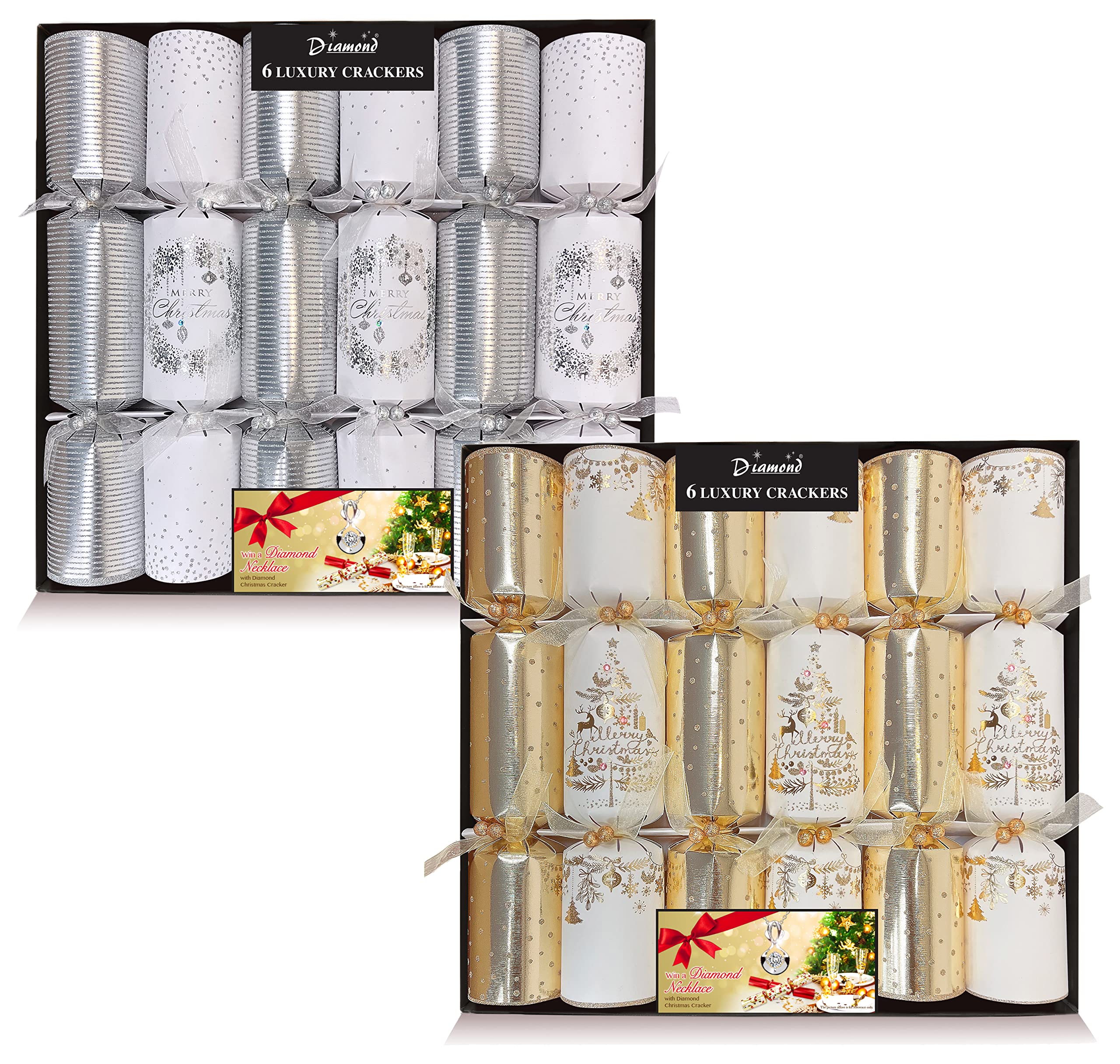Diamond Christmas Cracker Gold & Cream, Silver & White Luxury Christmas Crackers Gold & Cream Pack 6 + Luxury Christmas Crackers Silver & White Pack 6