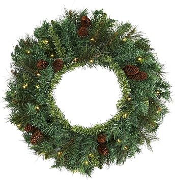 Nearly Natural 20in. Mixed Pine and Pinecone Artificial Christmas Wreath with 35 Clear LED Lights