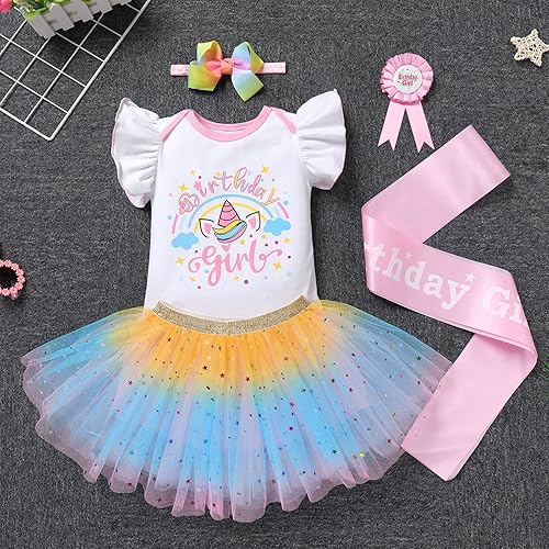 Miniatura 4 de IBTOM CASTLE Conjunto de falda de unicornio para bebé niña 1er 2do 3er cumpleaños, tutú arco iris, pastel de princesa, mameluco con diadema para