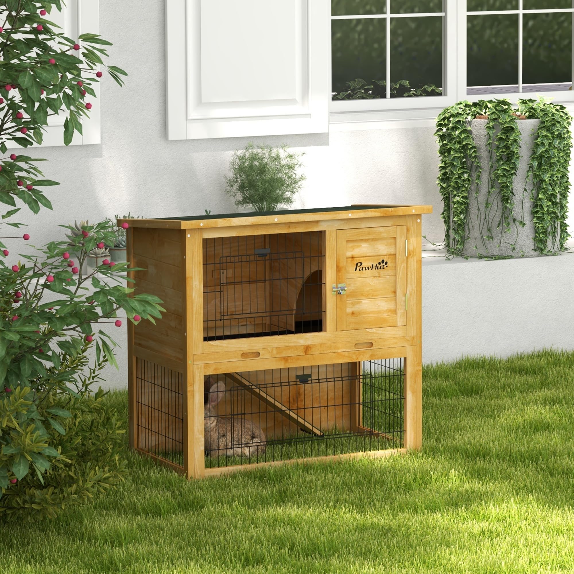 PawHut Conigliera a 2 Piani con 3 Porte con Serratura, Rampa Scorrevole e Tetto in Asfalto, Legno Massiccio, per Conigli, 85 x 50 x 80 cm, Giallo