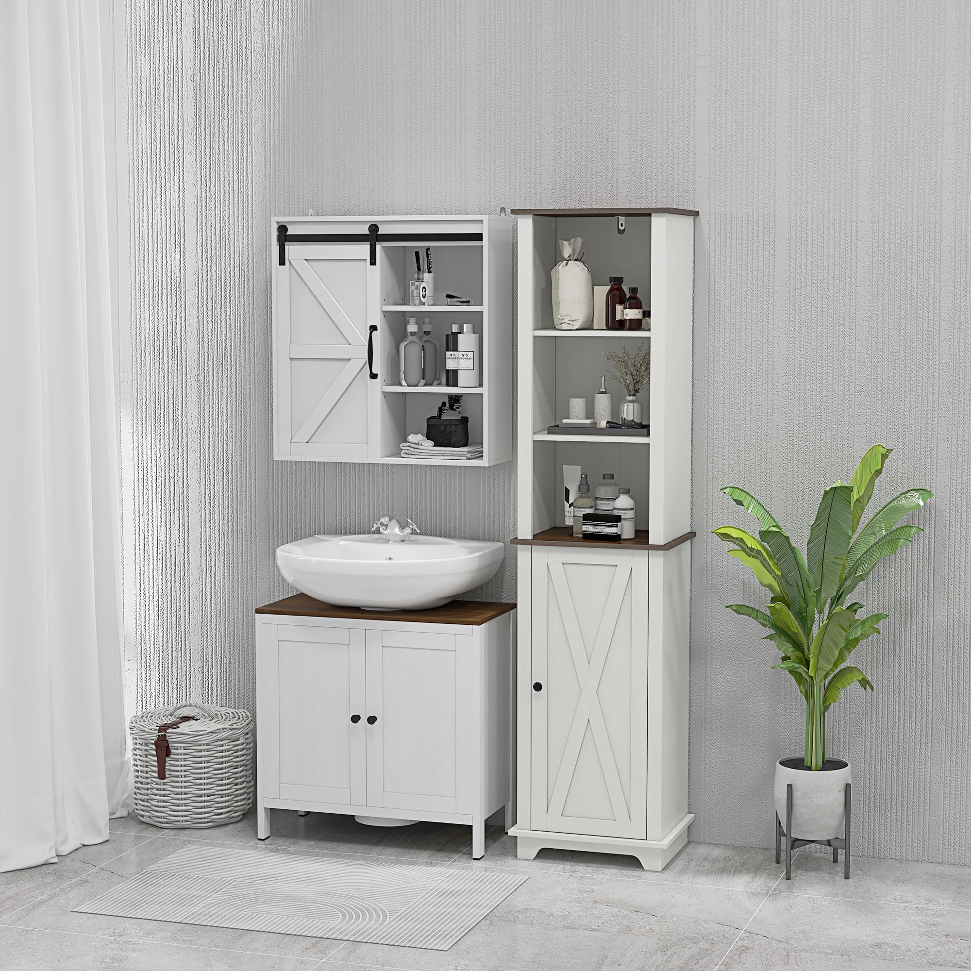 kleankin Mobile Sotto Lavabo Bagno a U con Ripiano Interno Regolabile e 2 Ante, Mobiletto Bagno in Truciolato, per Lavabi con o senza Colonna, 60x30x60 cm, Bianco e color Noce