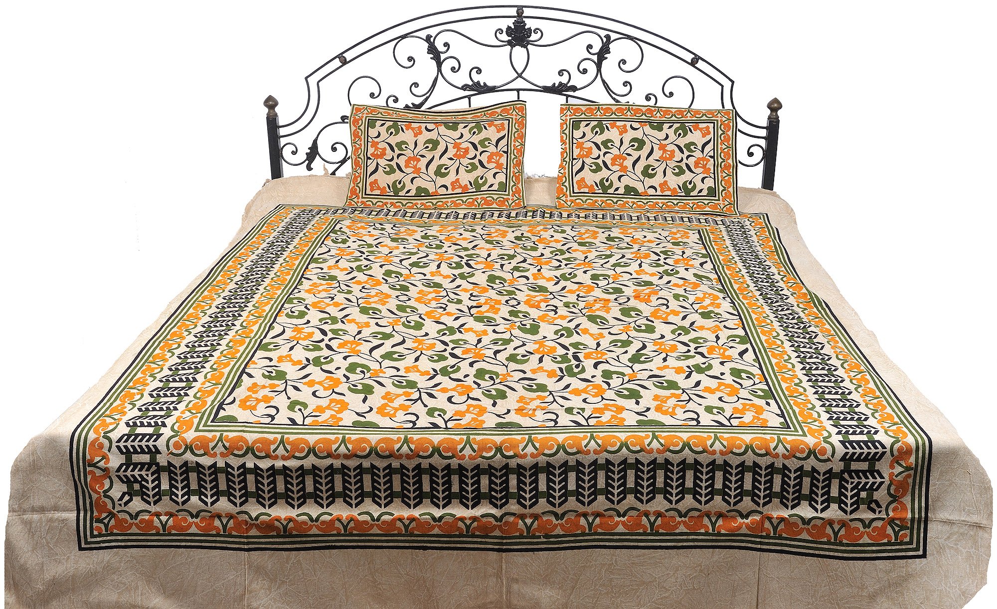 Exotic India Bedspread from Pilkhuwa with Printed Flowers All-Over - Pure Cotton with Pillow Cases-image-16