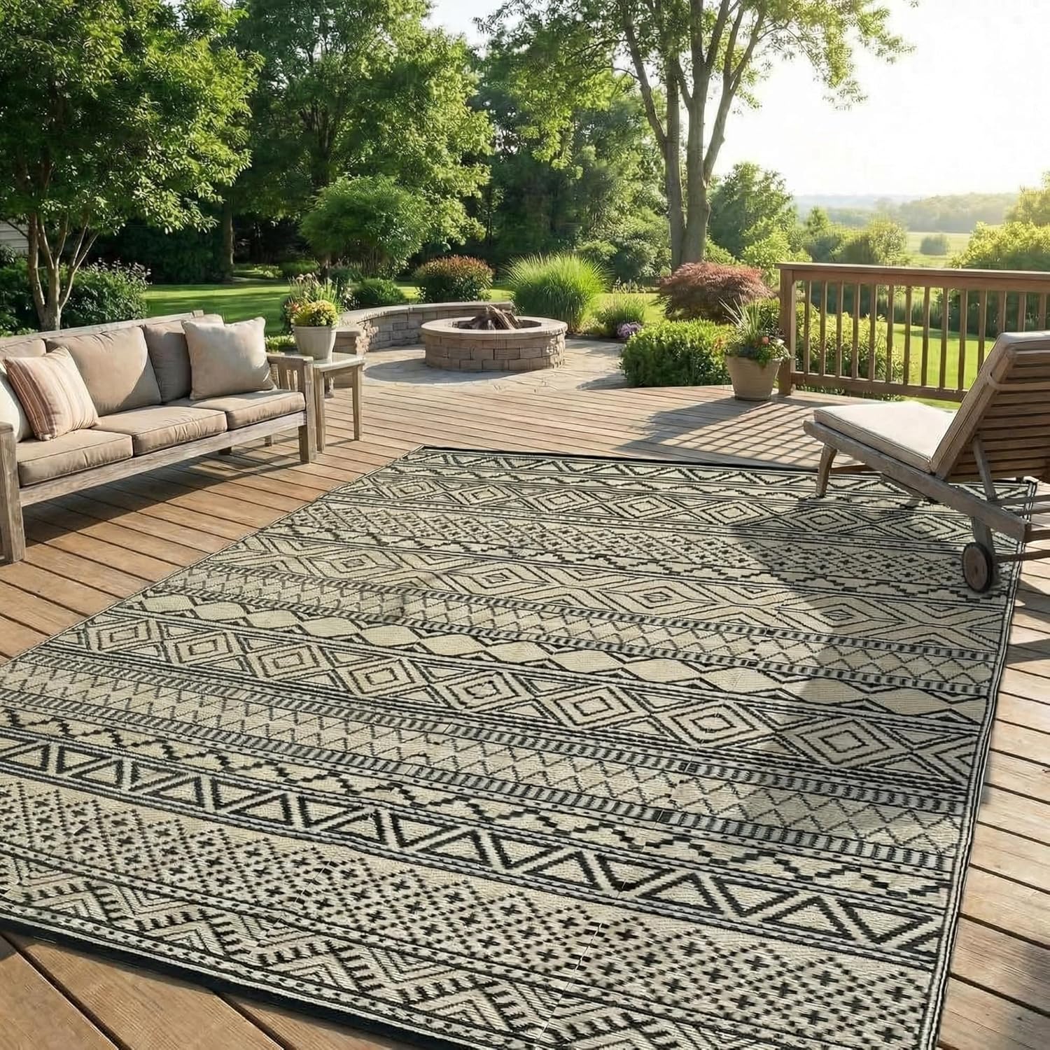 GarveeLife Outdoor Rug 5x8 Modern Design Waterproof Large Area Rug for Patio Deck Backyard Camping RV Balcony Beach Indoor Outdoor Portable Durable Carpet for Outside Patio, Black/Coffee