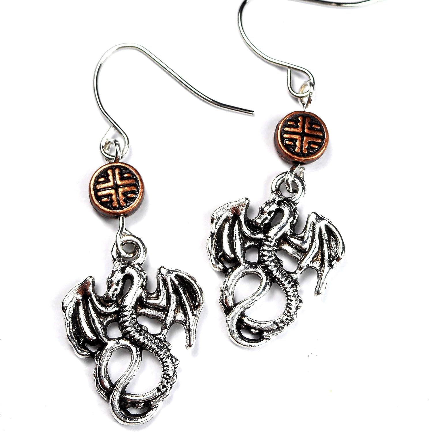 Dainty Silver Tone Dragon and Copper Tone Bead Dangle Earrings, Year of the Dragon Jewelry Fantasy Lover Good Luck Gift