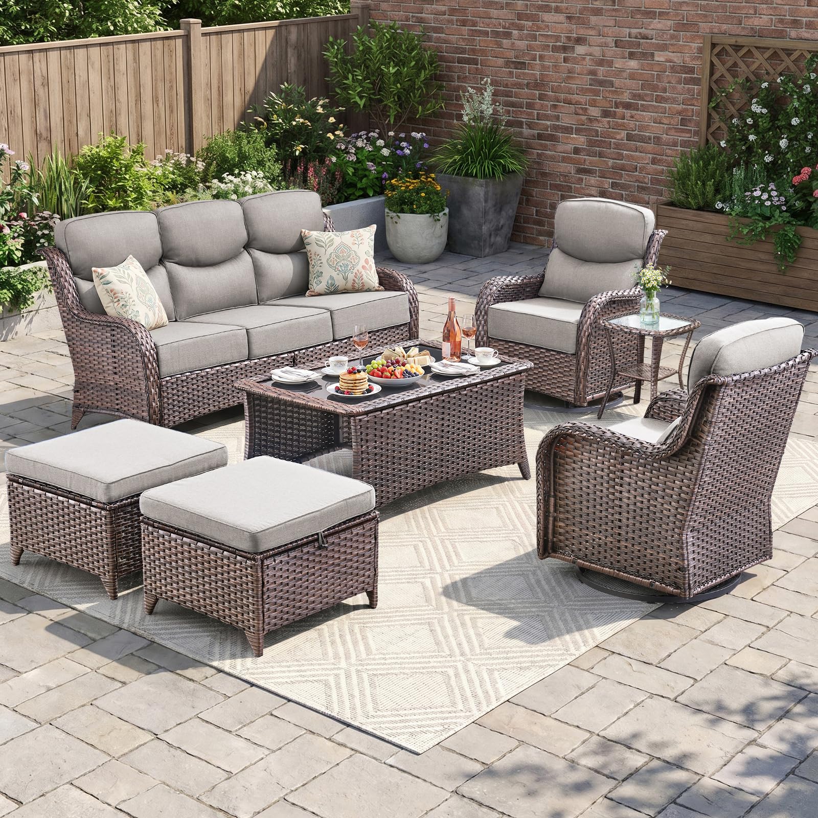 Swivel Patio Chairs sofa Set of 7 - 6" Thick Cushion - Wicker Outdoor Swivel Rocker Patio Chair ,Sofa/Glass coffee table, High Back Comfortable Outdoor Glider Chairs - Brown Wicker | Grey Cushions