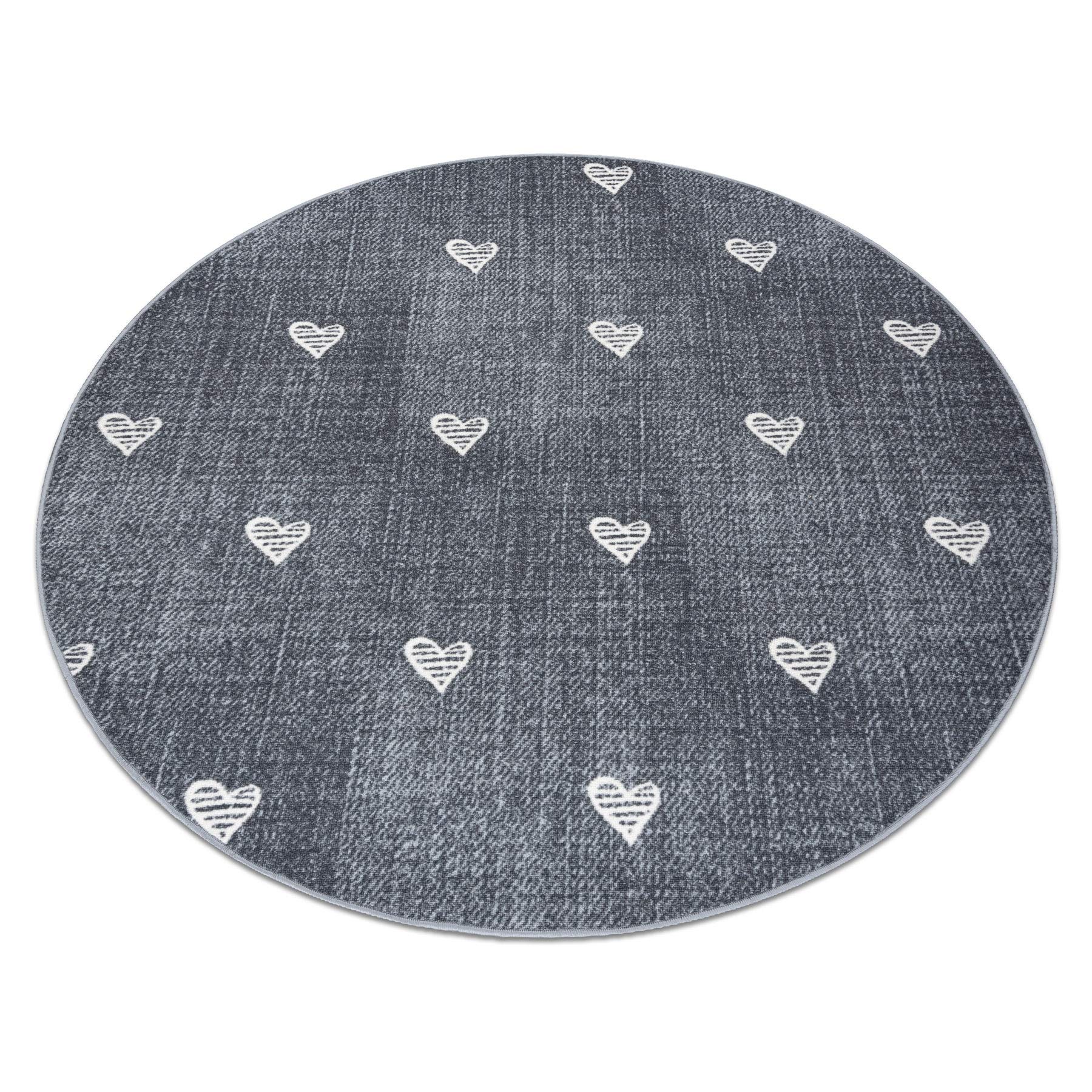 Tapis enfant gris 133 cm en cercle au motif de cœurs vintage pour chambre de bébé