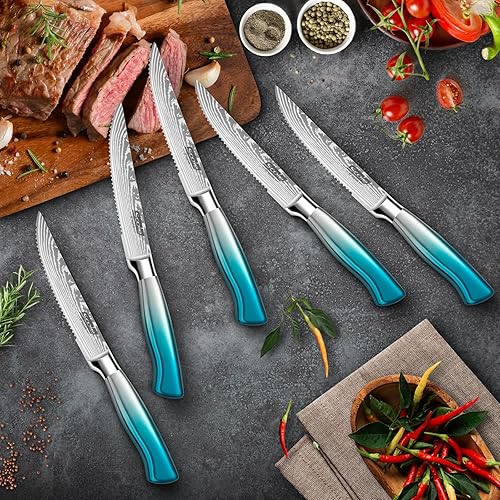 Miniatura 7 de SCOLE Juego de cuchillos de cocina ultra afilados, 7 piezas, cuchillos de carne, juego de 6, azul (paquete de 2 artículos)