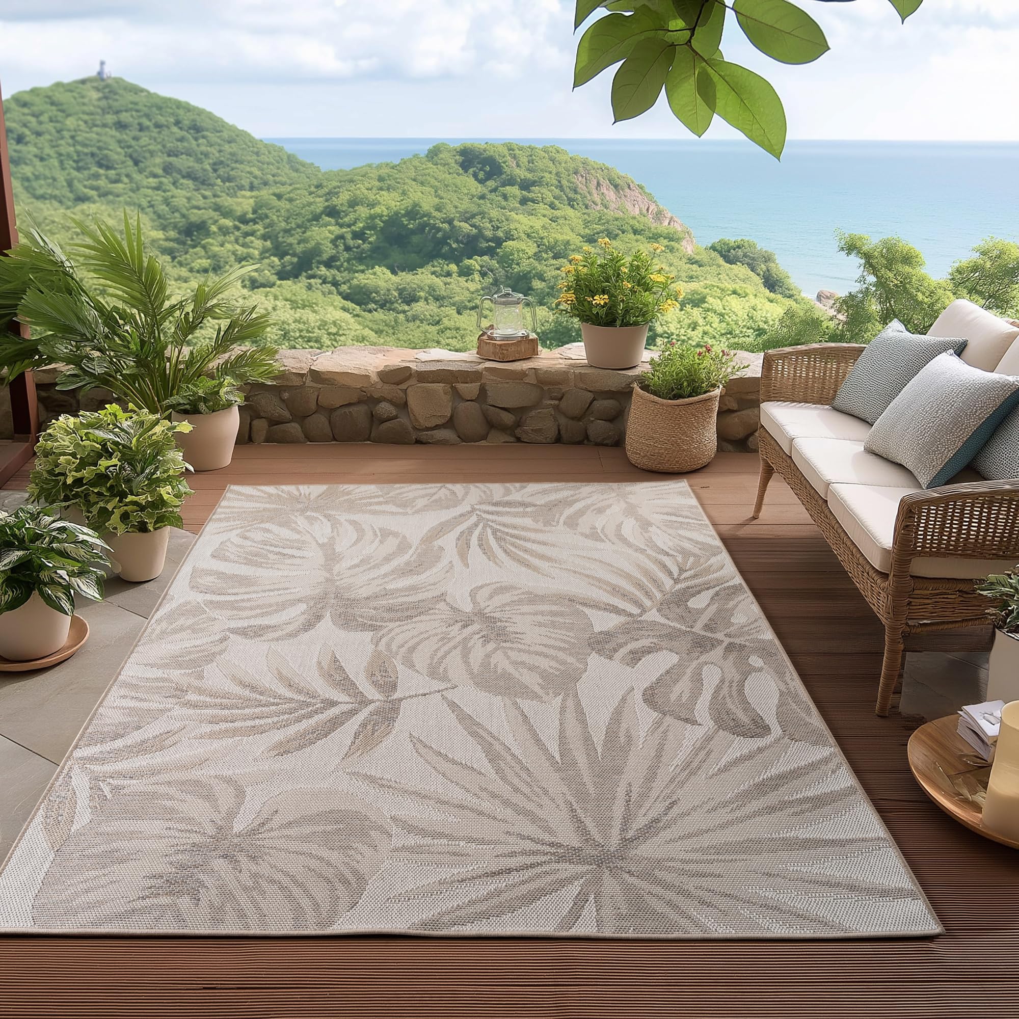 HomebyHome Outdoor Teppich Beige Wetterfest UV-beständig Pflegeleicht Skandinavisches Boho Design für Küche Balkon Terrasse Garten Wohnzimmer Esszimmer