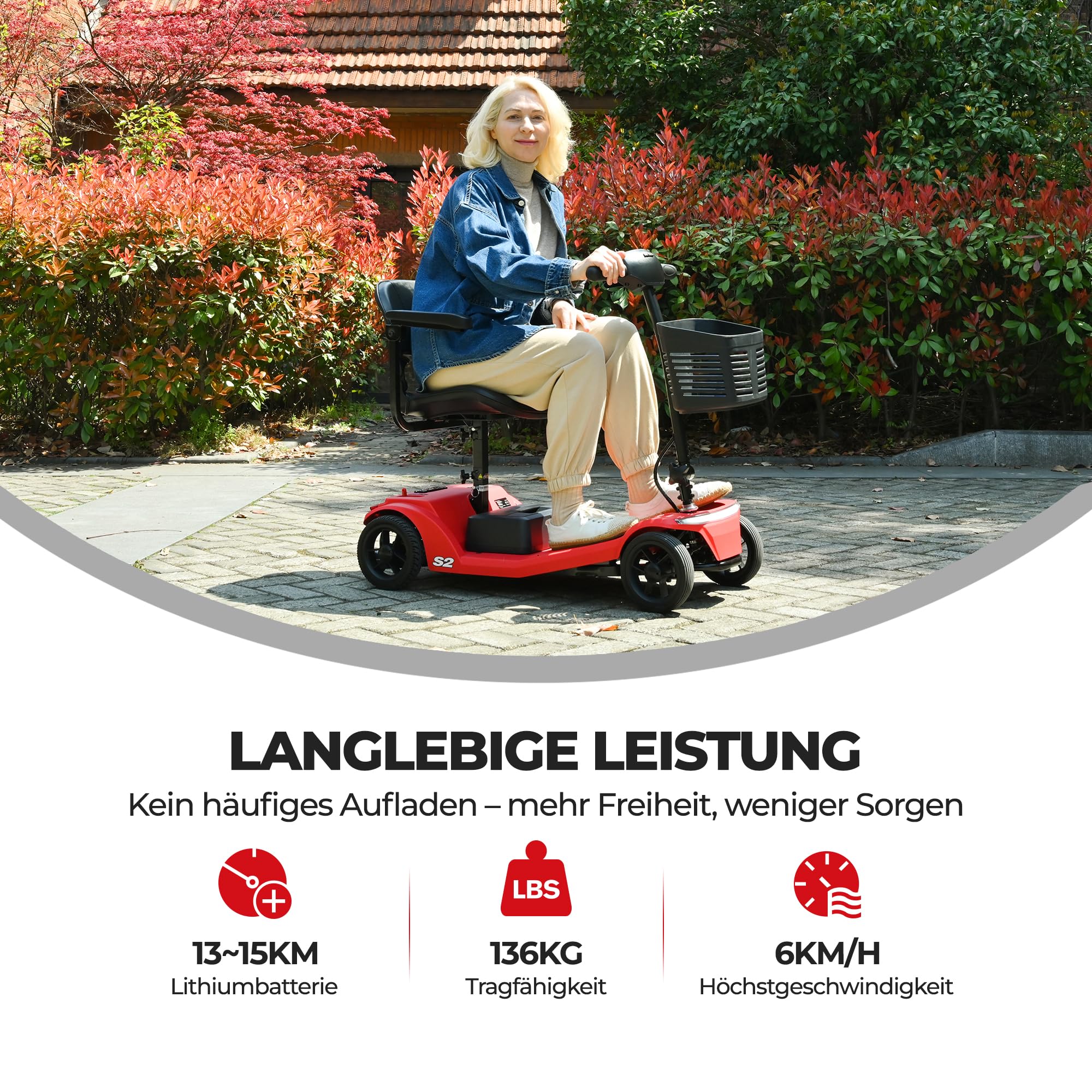 Mobility Scooter elettrico pieghevole per anziani e anziani, portata 15 km, batteria rimovibile da 12 Ah, portata 136 kg, motore da 250 W + porta USB (rosso)