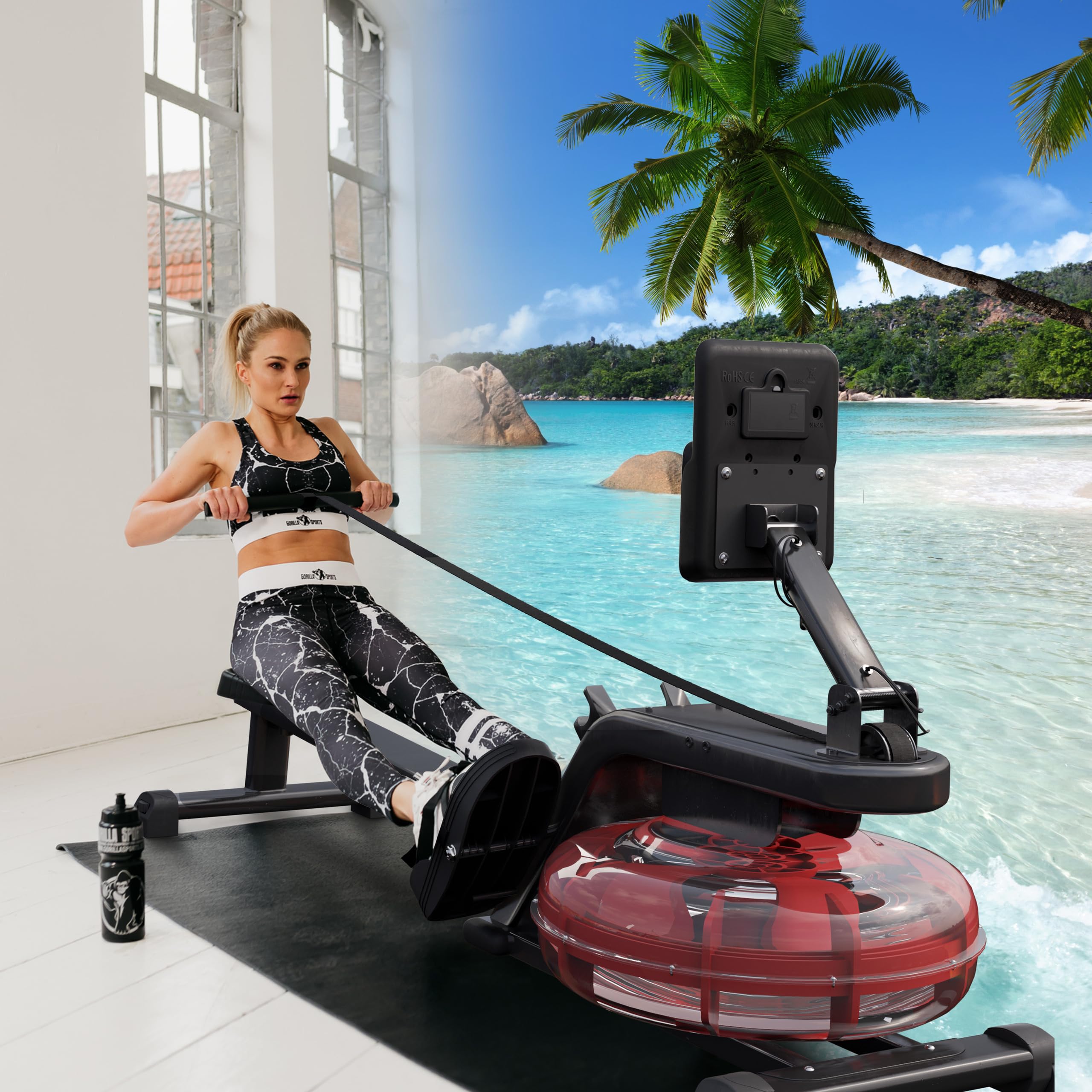 GORILLA SPORTS® Vogatore - ad Acqua, Pieghevole, Resistenza Idraulico, Regolabile, con Monitor LCD, Super Silenzioso, Guida di Scorrimento in Acciaio - Rematore, Cardio, Allenamento, Palestra Casa
