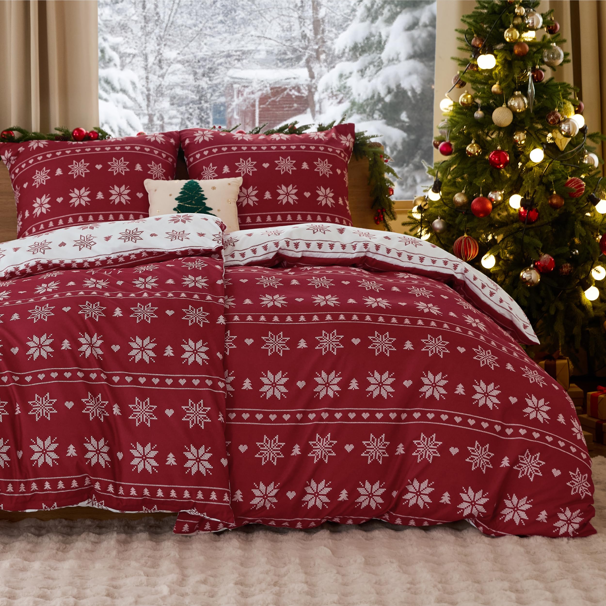 BEDSURE Pościel 135 x 200 cm, 4-częściowy zestaw pościeli bożonarodzeniowej, płatek śniegu, poszewka na kołdrę 135 x 200 cm, zestaw 2 szt., z 2 poszewkami na poduszkę 80 x 80 cm, świąteczna pościel