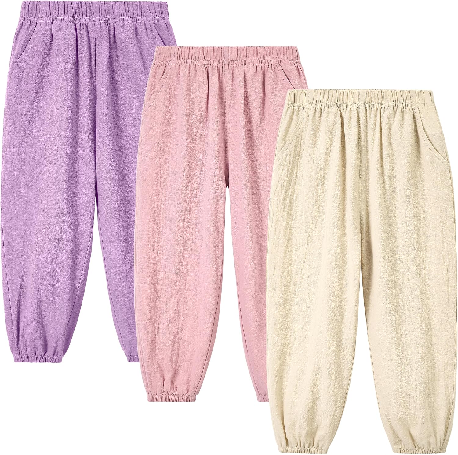 Miipat Toddler Cotton Linen Pants, 3 Pack Elastic Waist Harem Bloomer Pants, Baby Boys Girls Loose Summer Casual Joggers