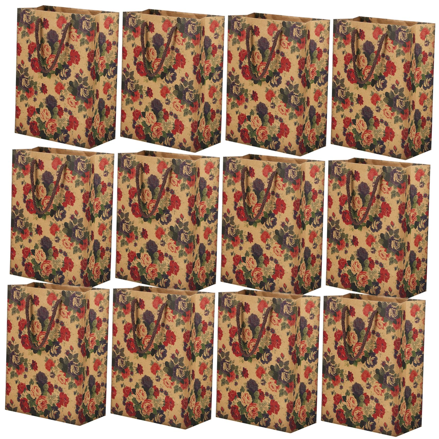 COLLBATH Geschenktüte Groß 40x30 Papiertüten mit Rosenmuster 12 Stück Kraftpapier Tragegriffe Stabilem Boden für Geburtstage und Einkaufen