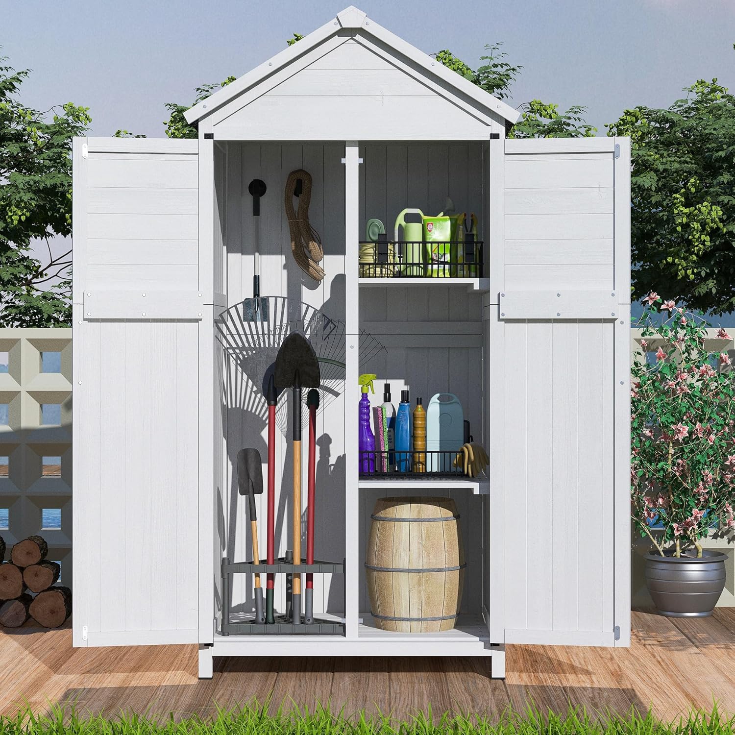67" White Fir Wood Storage Garden Sheds & Outdoor Storage Shed with Double Doors, Storage shed Outdoor Wooden Garden Storage shed with Floor Shed, Spacious Backyard Tool Storage Bu