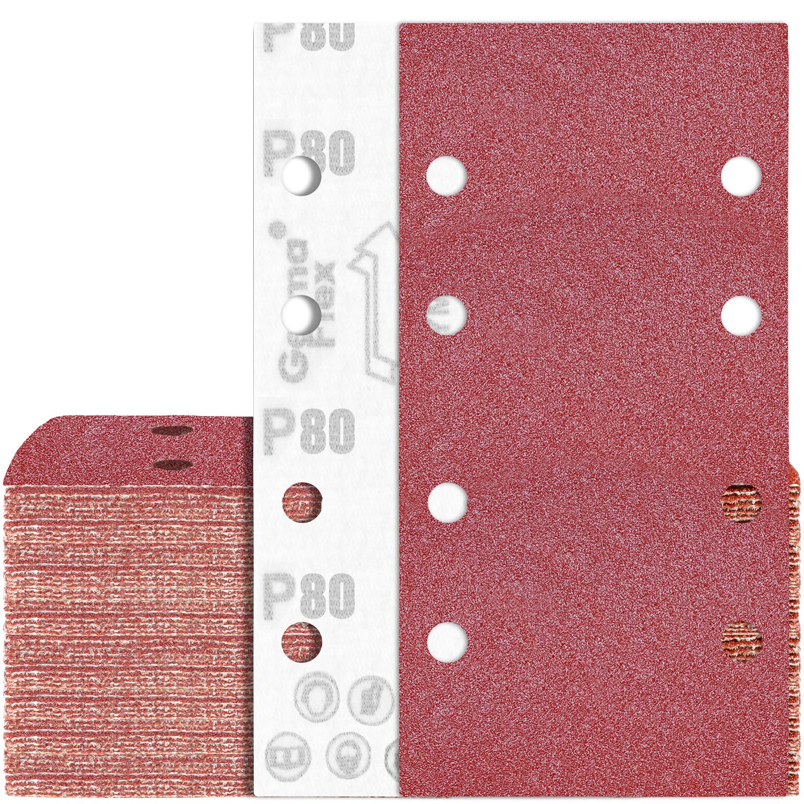 75PCS 93x185 mm Sanding Sheet P80 Sandpaper 8 Holes for 1/3 Sheet Finishing Sander, Red