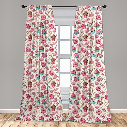 Miniatura 3 de Ambesonne Paquete de 2 cortinas de ventana de bastón de caramelo, con patrón de cupcakes y donas en lunares, juego ligero con bolsillo para barra, 4