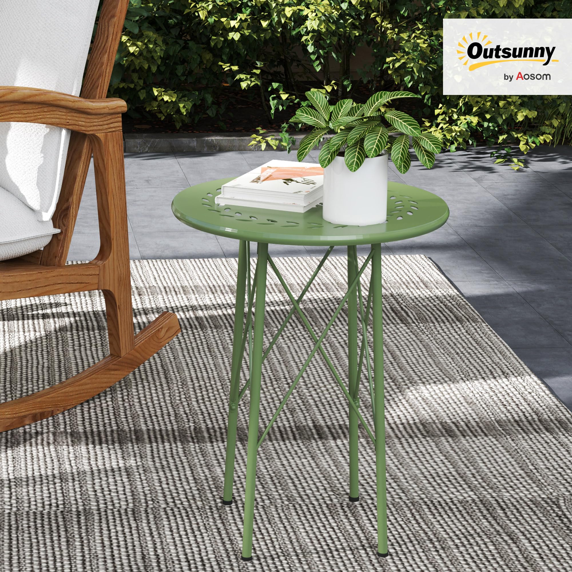 Outsunny 15.7" Round Garden Table with Floral Cut-Out, Steel Balcony Side Bistro Coffee Table, Outdoor Furniture with Adjustable Feet for Patio Garden, Green - 2