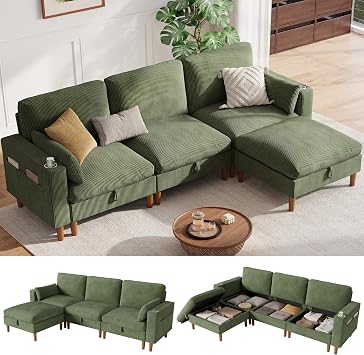 LINSY HOME 110" Modular Sectional Sofa with Storage, 3-Seat Cloud Couch with 1 Movable Ottoman & 2 Pillows, Corduroy Deep Seat Sectional Couches for Living Room/Office/Bedroom, Green