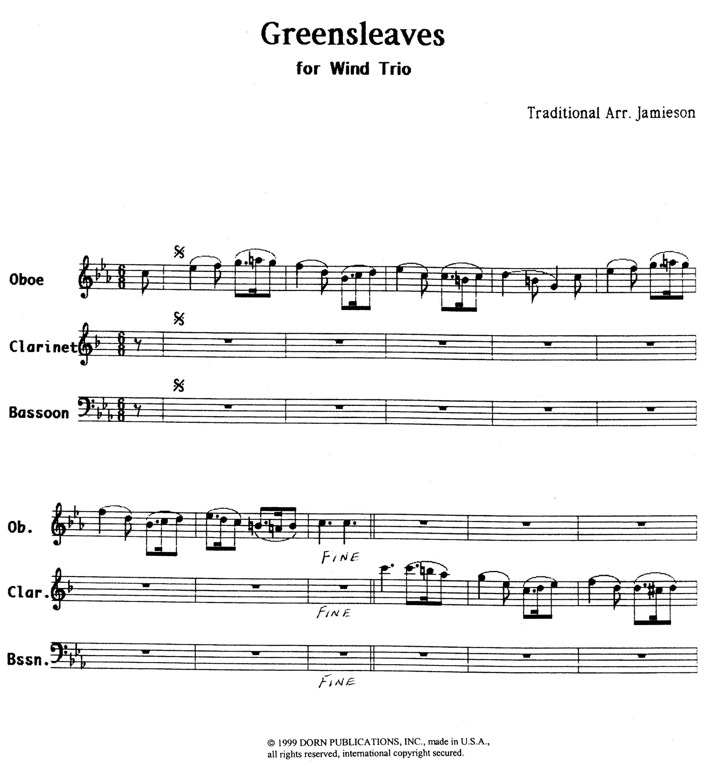Greensleaves for Oboe, Clarinet and Bassoon Arranged by William Jamieson