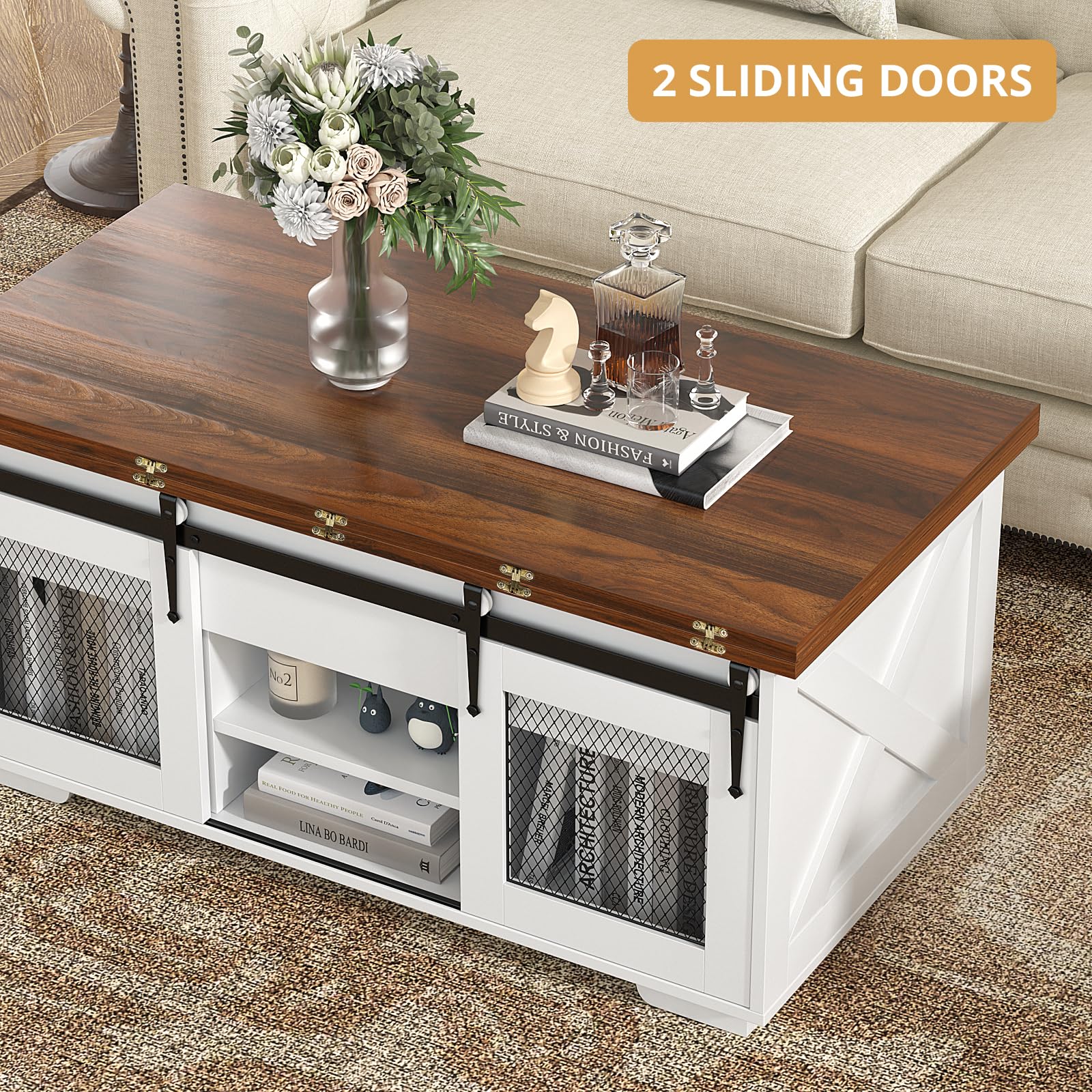 VOWNER Mesa de Centro Elevable, Mesa Extensible, Multifuncional 3 en 1 con Almacenamiento Oculto - Comedor, Convertible, Estilo Granja, Nogal