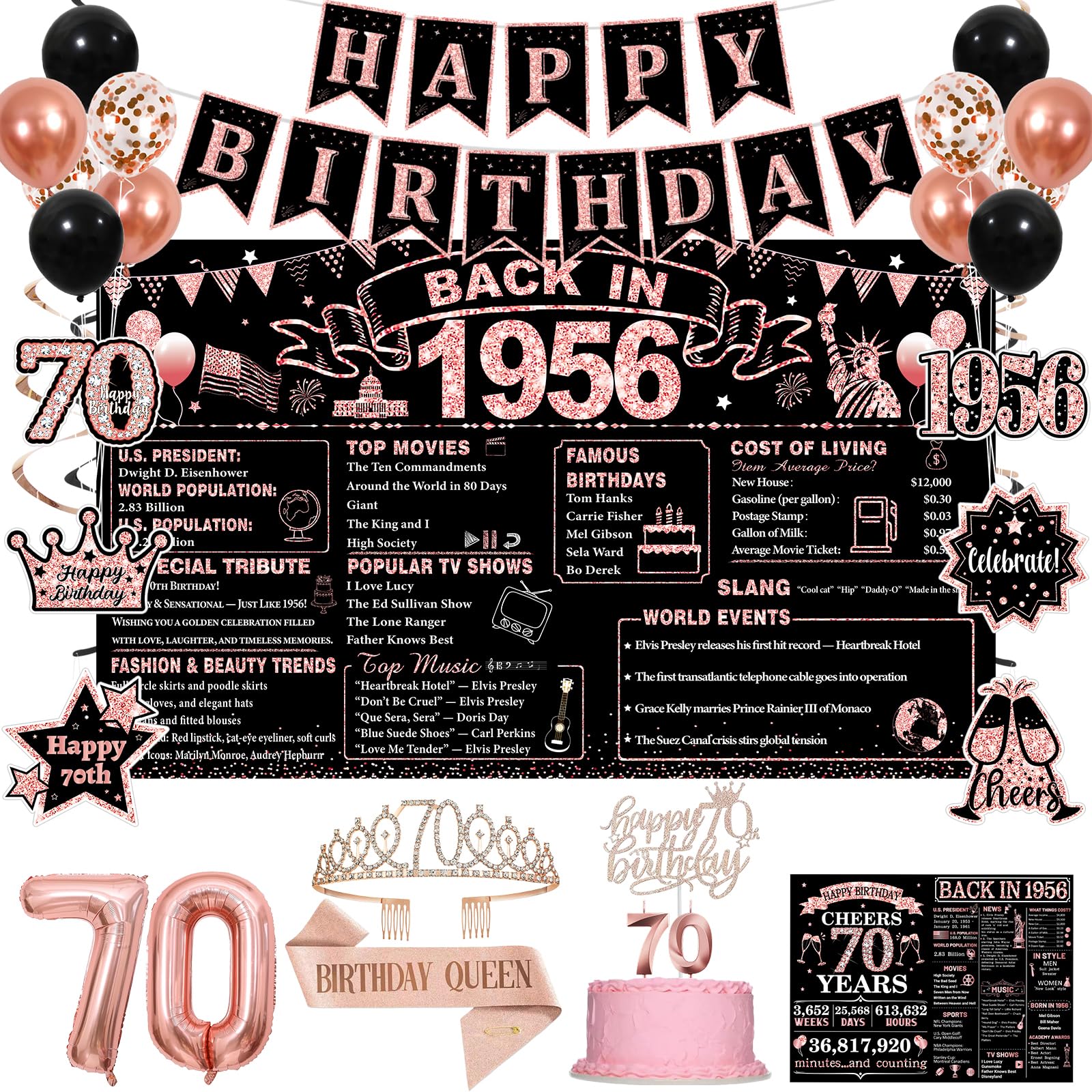 70th Birthday Decorations, Rose Gold Black Back in 1956 Party Supplies Kit with Happy 70th Birthday Banner, Crown, Sash, Backdrop, Cake Topper, 70
