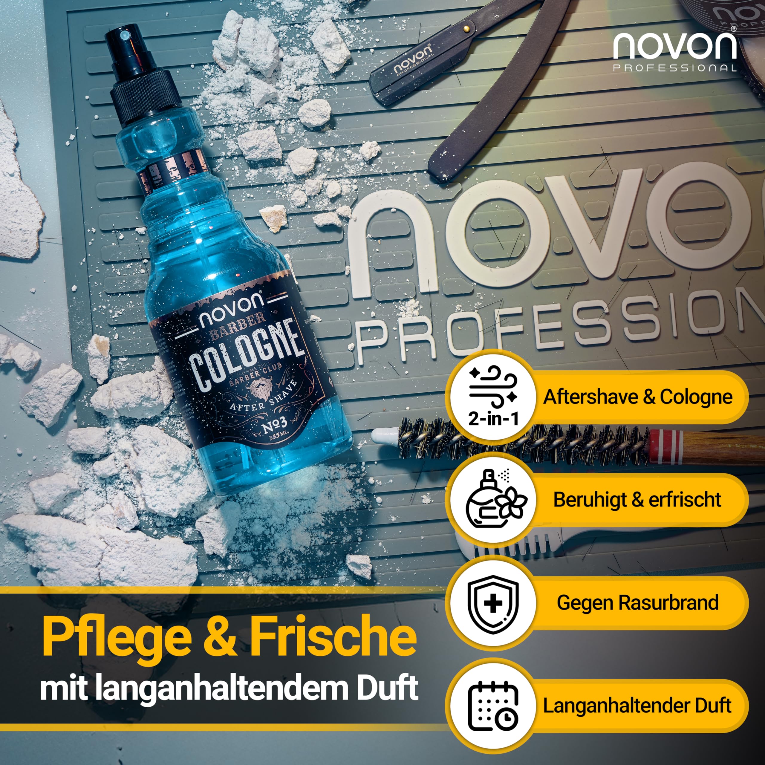 novon Professional Barber Cologne nr 4-355 ml - spray po goleniu dla mężczyzn - woda zapachowa do golenia aromatyczno-intensywna - Barber Eau de Cologne z praktycznym dozownikiem z pompką