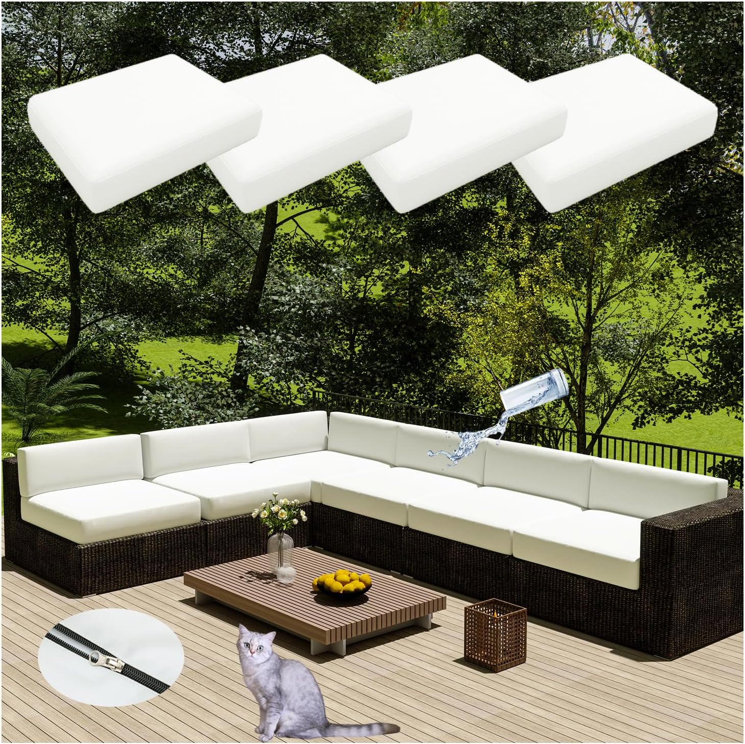 4Pcs Waterproof Patio Cushion Covers with Zipper Dustproof Outdoor Seat Cushion Slipcovers for Rattan Furniture Indoor/Outdoor Use (White 60x60cm)
