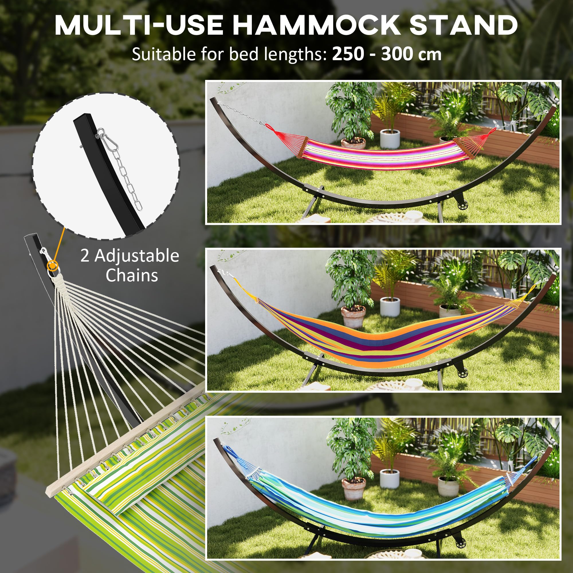Outsunny Supporto per Amaca in Metallo con Ruote, Supporto per Amaca con carico Massimo di 150 kg con Catene, Ganci, per Uso Esterno e Interno, 337 x 118 x 118 cm Nero