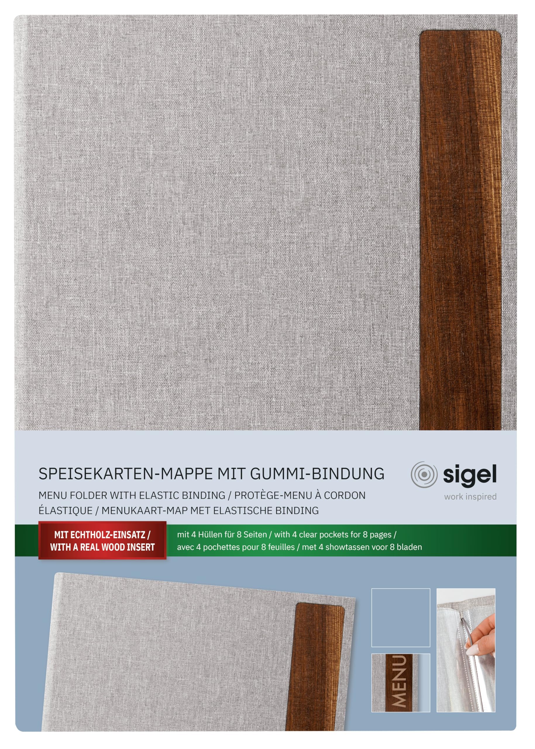 SIGEL SM222/5 Porta-menú - 5 unidades - incl. 2 fundas transparentes dobles para 8 páginas - encuadernación elástica - A4 - gris claro/marrón