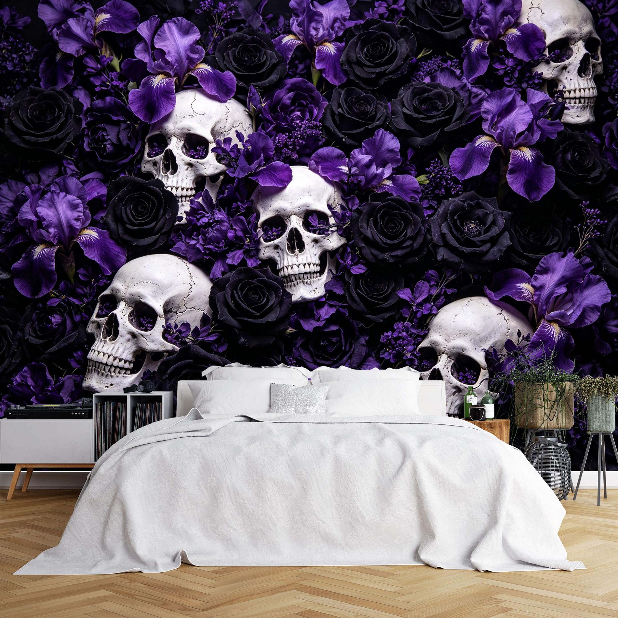 Lcythiazole Ch260615207 Custom Size Wall Murals Skulls Black Roses Purple Iris Dark Gothic Vivid Self-Adhesive Wall Fabric (No Pvc) Removable Wallpaper For Basement Decor